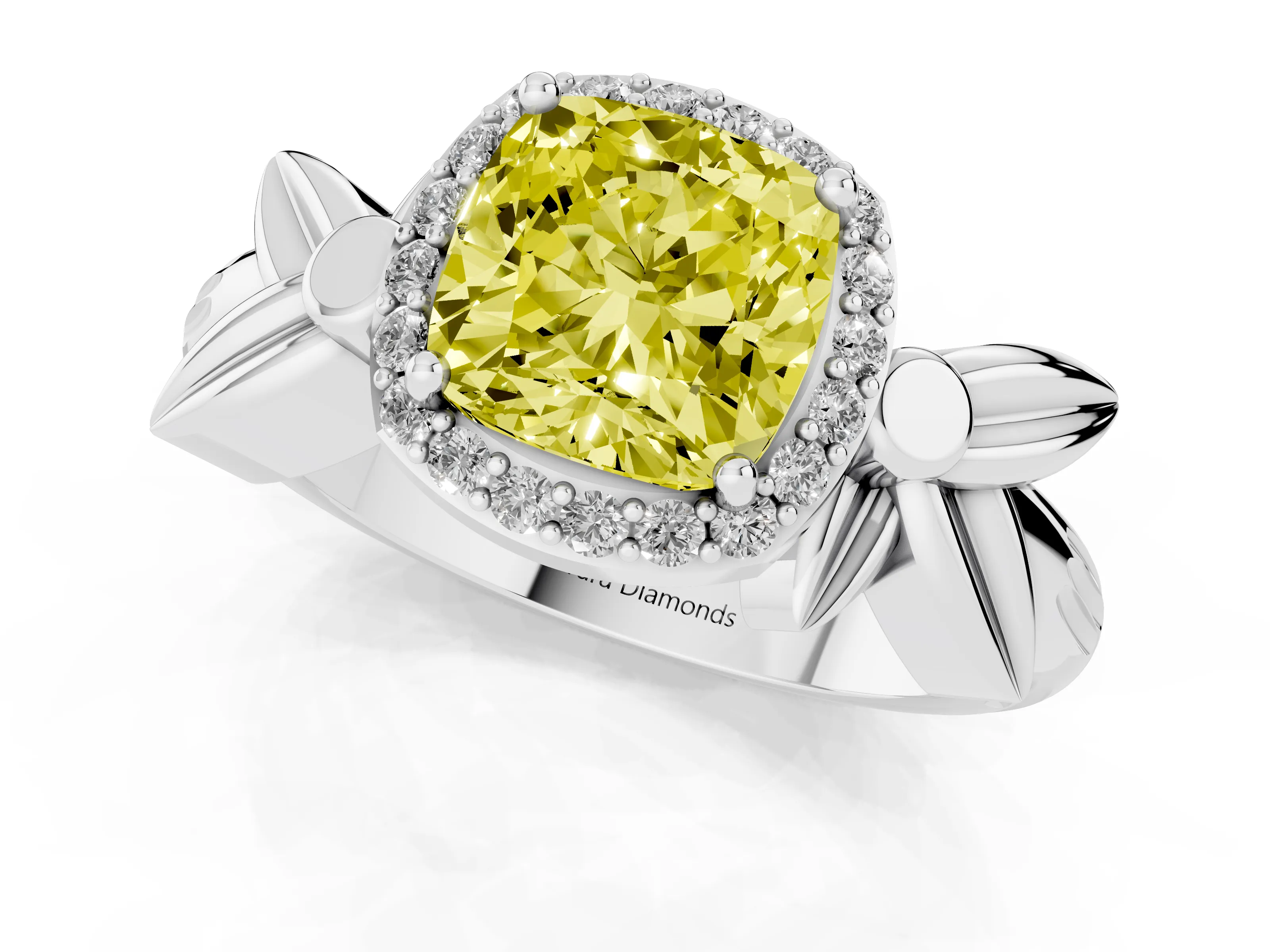Fancy Yellow Cushion Cut Diamond Halo Floral Band Ring Set in Silver with Prong Setting