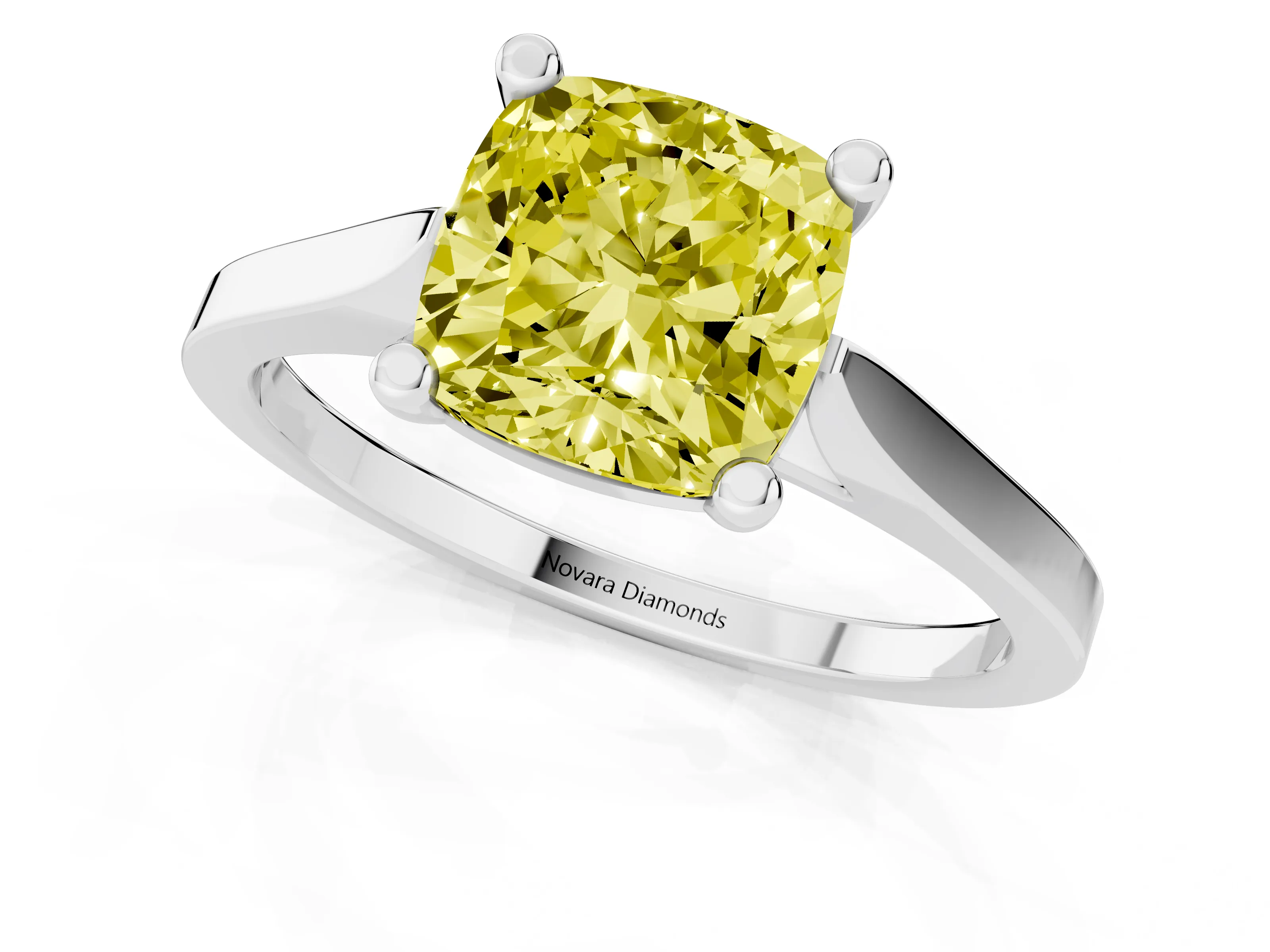 Fancy Yellow Cushion Cut Diamond Solitaire Ring Set in Platinum with Prong Setting and Tapered Band