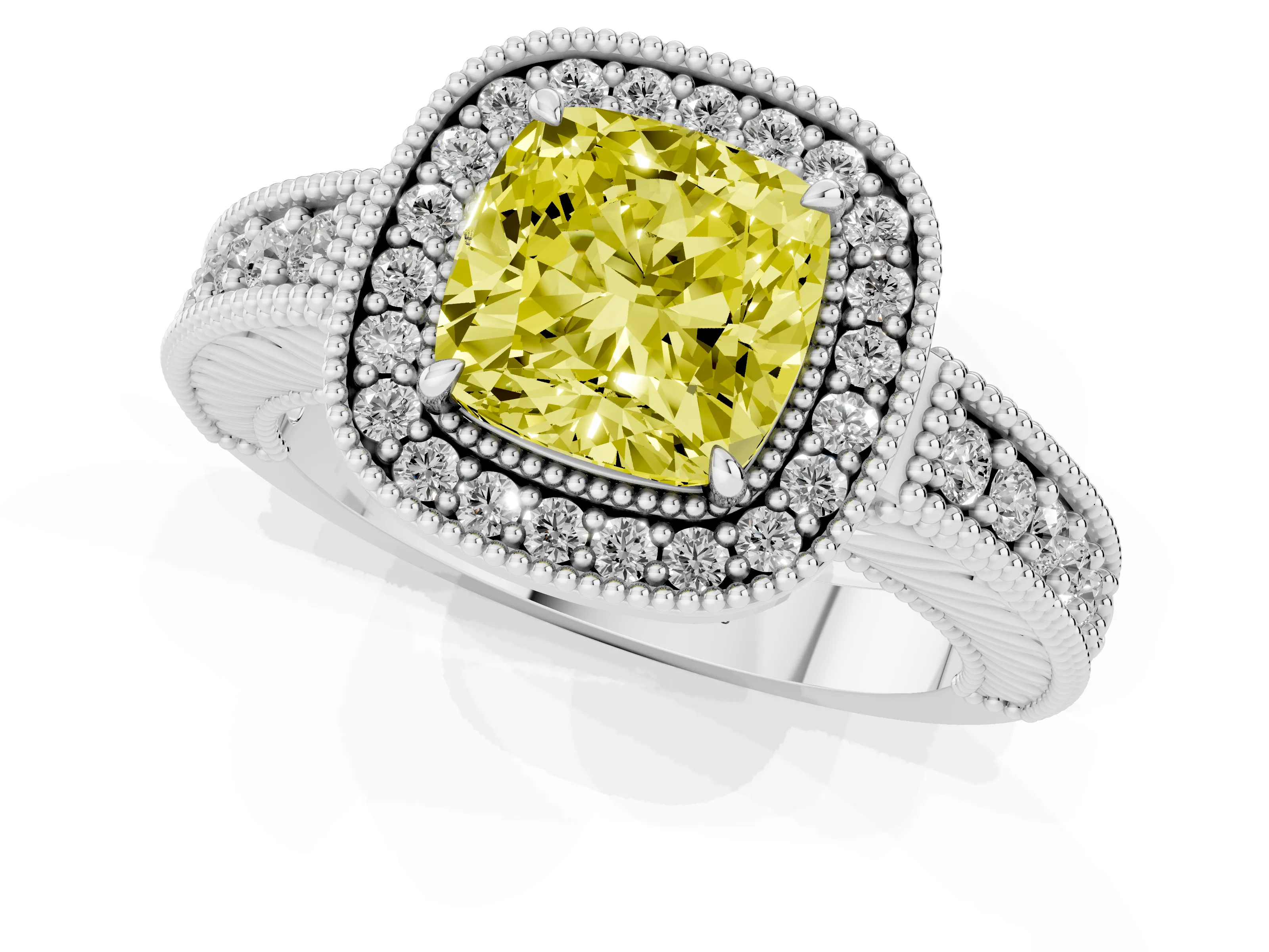 Fancy Yellow Cushion Cut Diamond Halo Ring Set in White gold with Round Accent Halo, Pavé Band and Prong Setting
