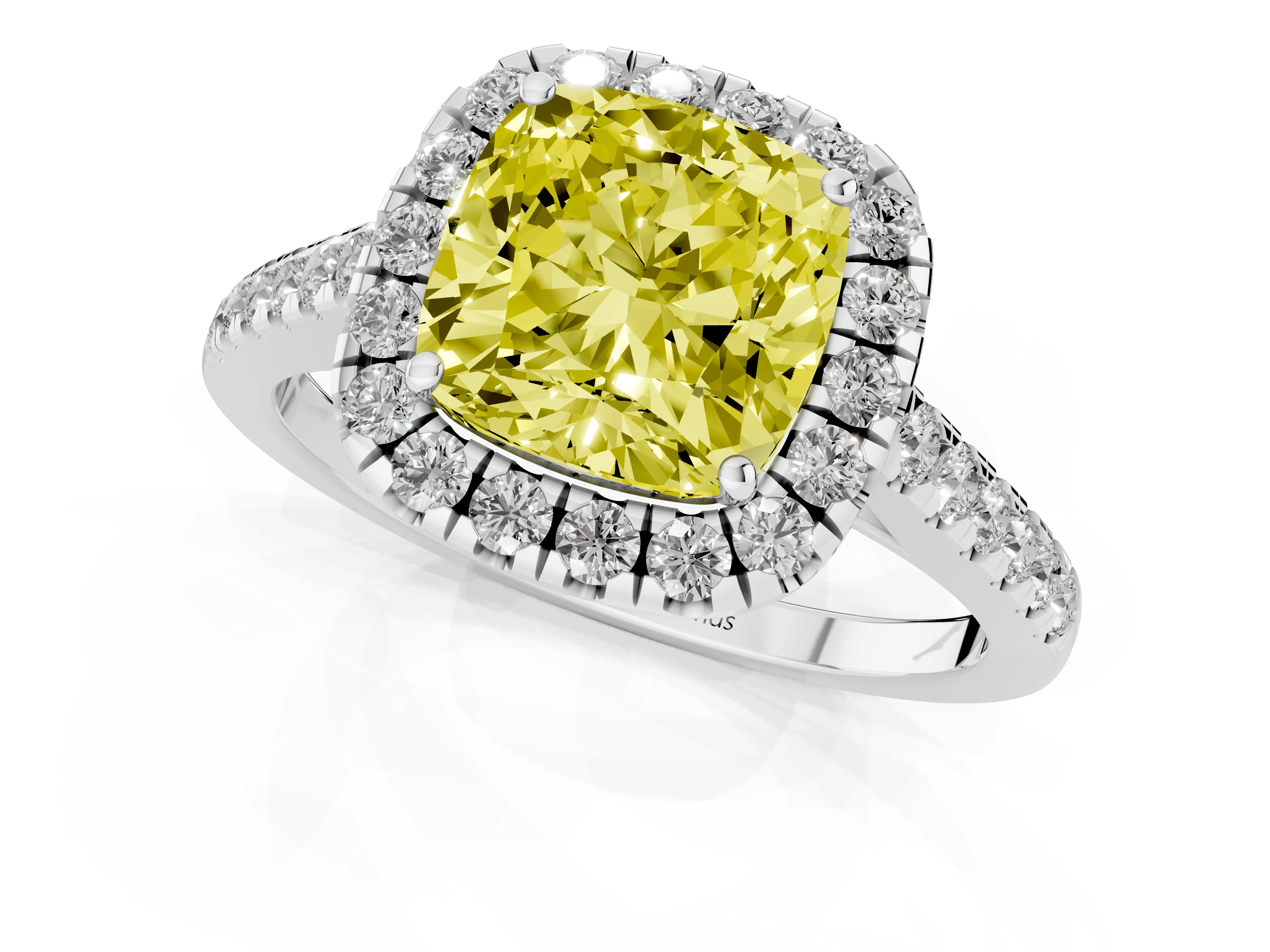 Fancy Yellow Cushion Cut Diamond Halo Pavé Engagement Ring Set in White gold with Prong Setting