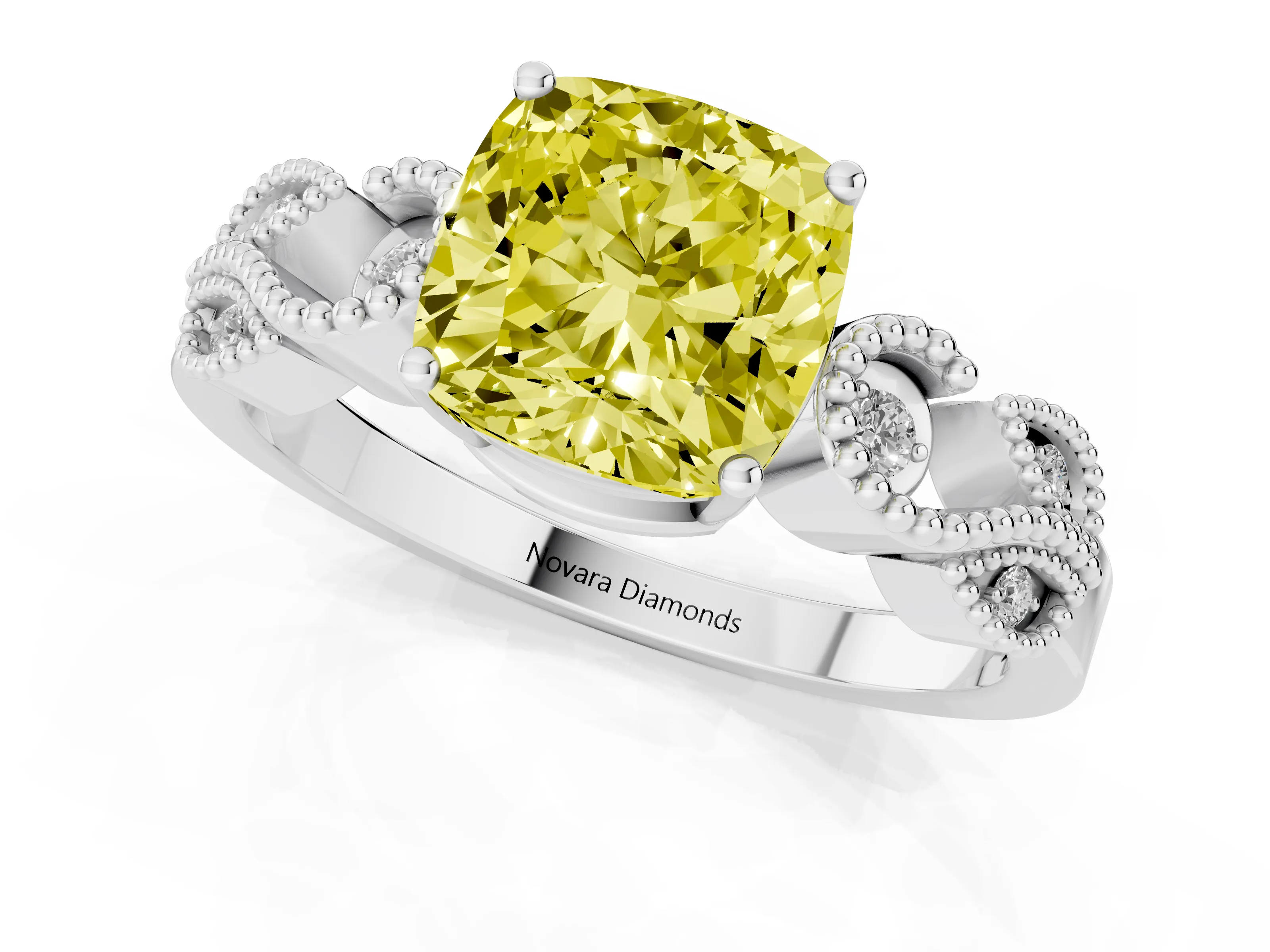 Fancy Yellow Cushion Cut Diamond Milgrain Leaf Band Solitaire Ring Set in Platinum with Accent Stones and Prong Setting