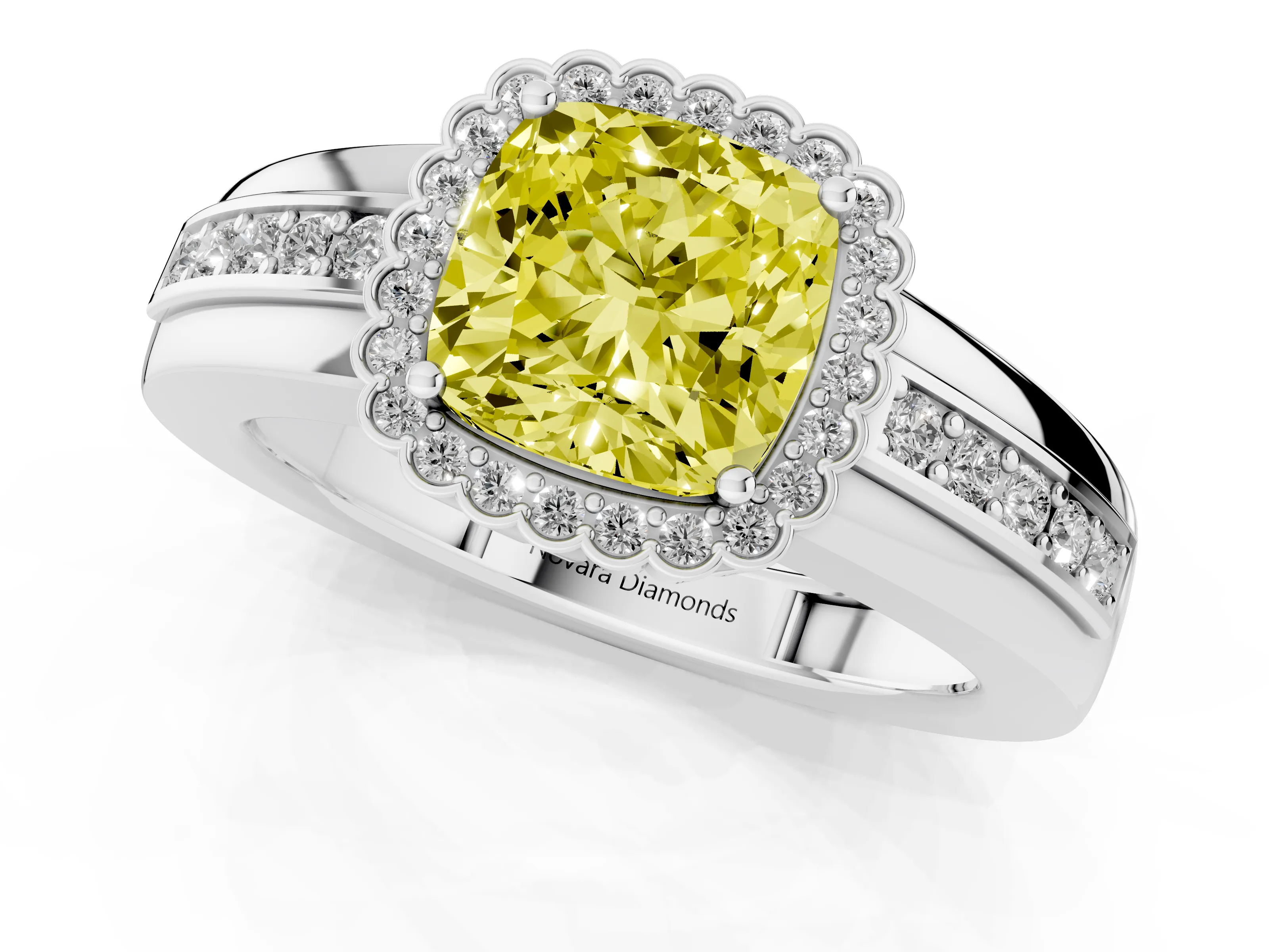 Fancy Yellow Cushion Cut Diamond Halo Prong Ring Set in White gold with Pavé Band