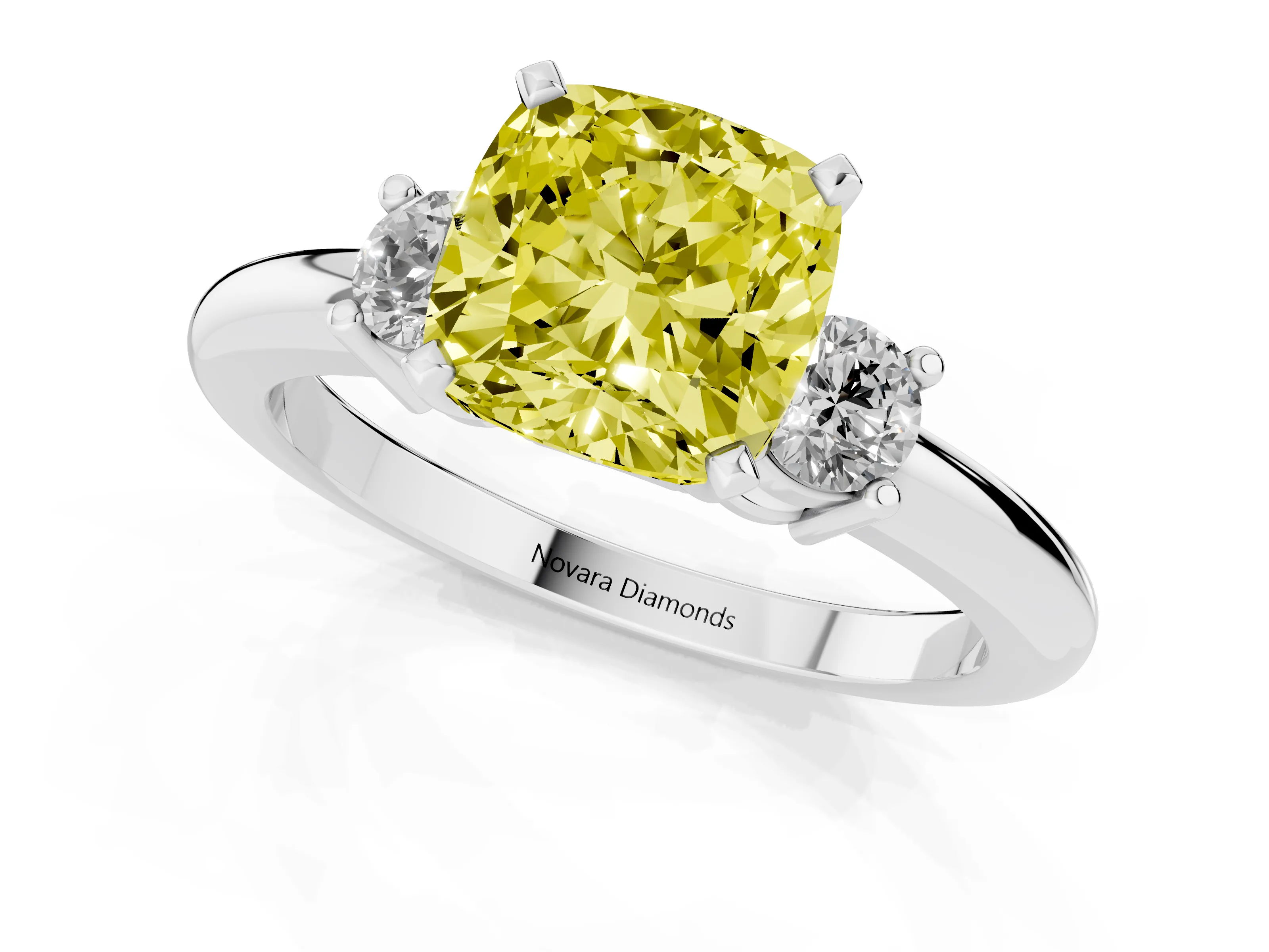 Fancy Yellow Three-Stone Cushion Cut Diamond Ring Set in Platinum with Prong Setting and Plain Band
