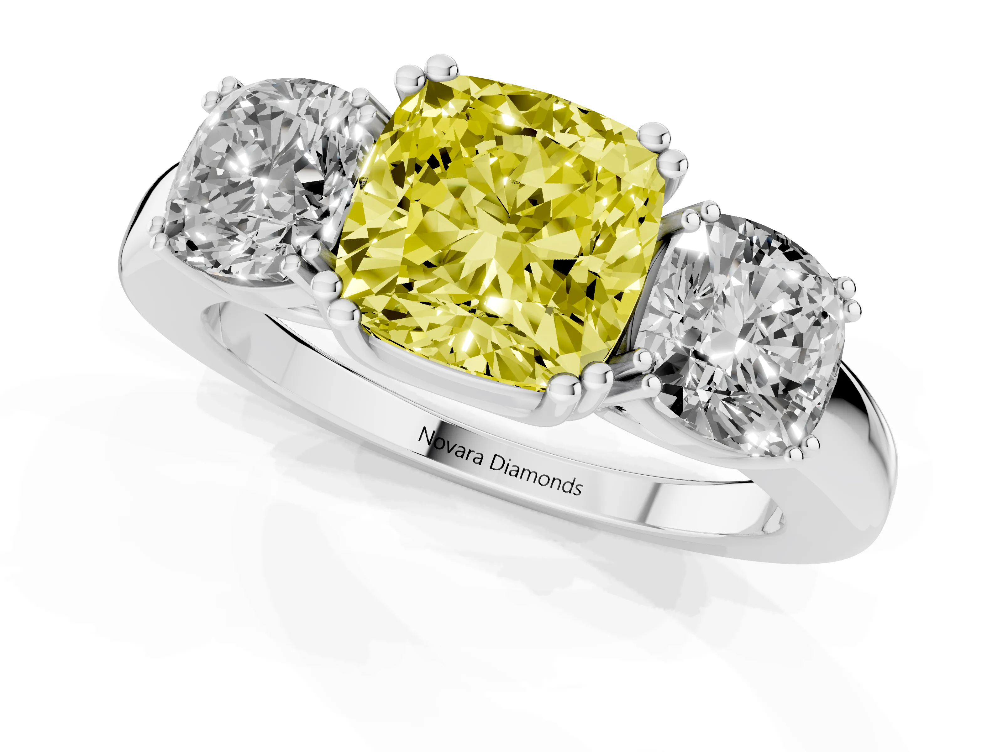 Fancy Yellow Cushion Cut Diamond Three-Stone Ring Set in Platinum with Polished Band and Prong Setting – second view