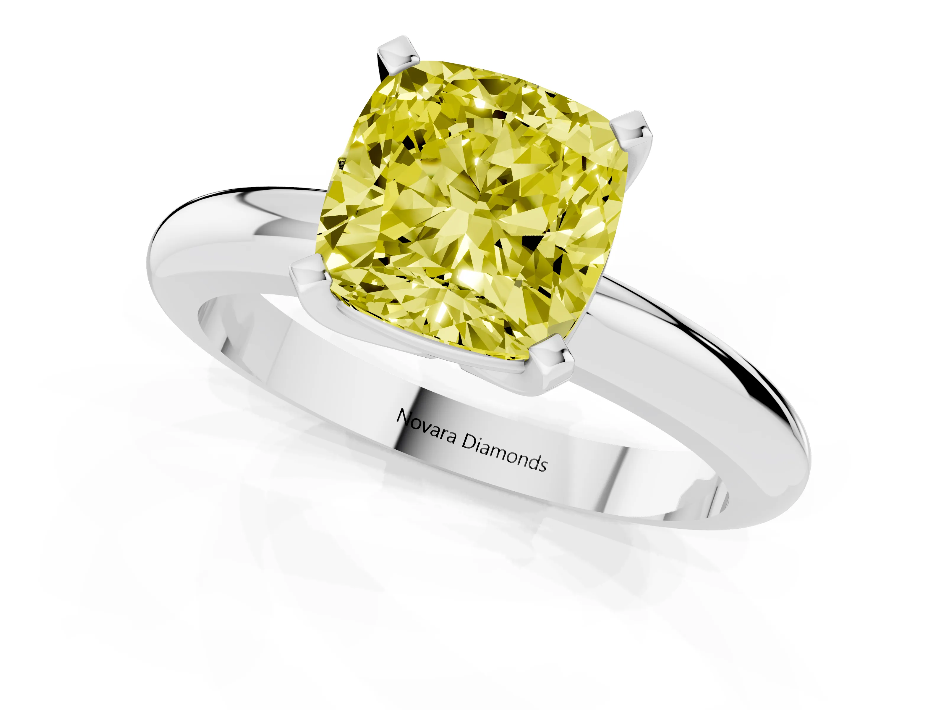 Fancy Yellow Cushion Cut Diamond Solitaire Engagement Ring Set in White gold with Round Band and Prong Setting