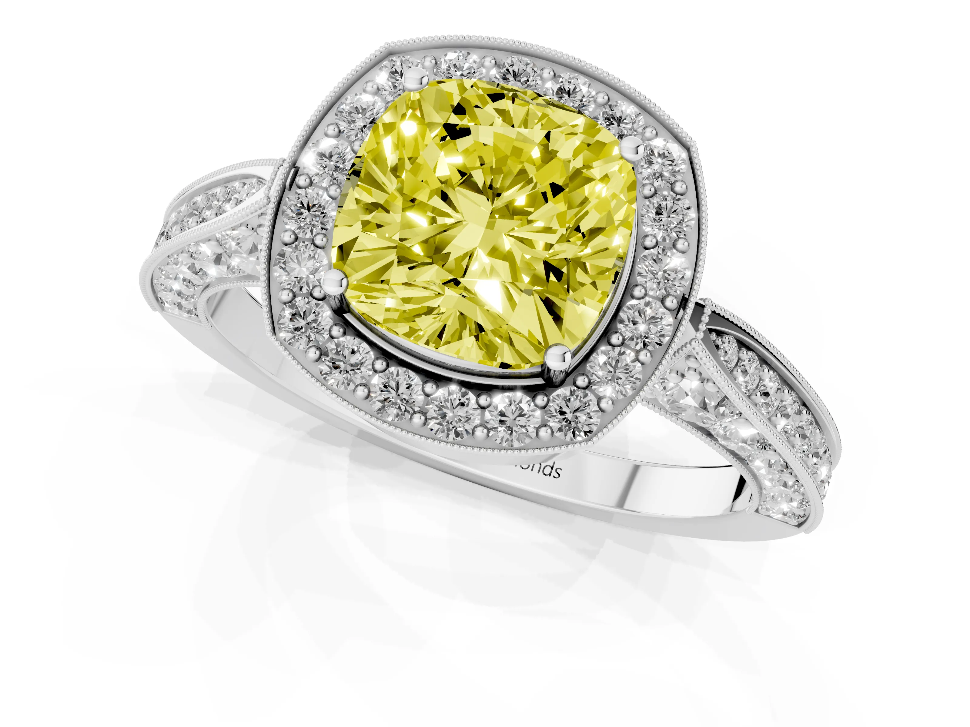 Fancy Yellow Cushion Cut Diamond Halo Engagement Ring Set in Silver with Accent Split Shank Band