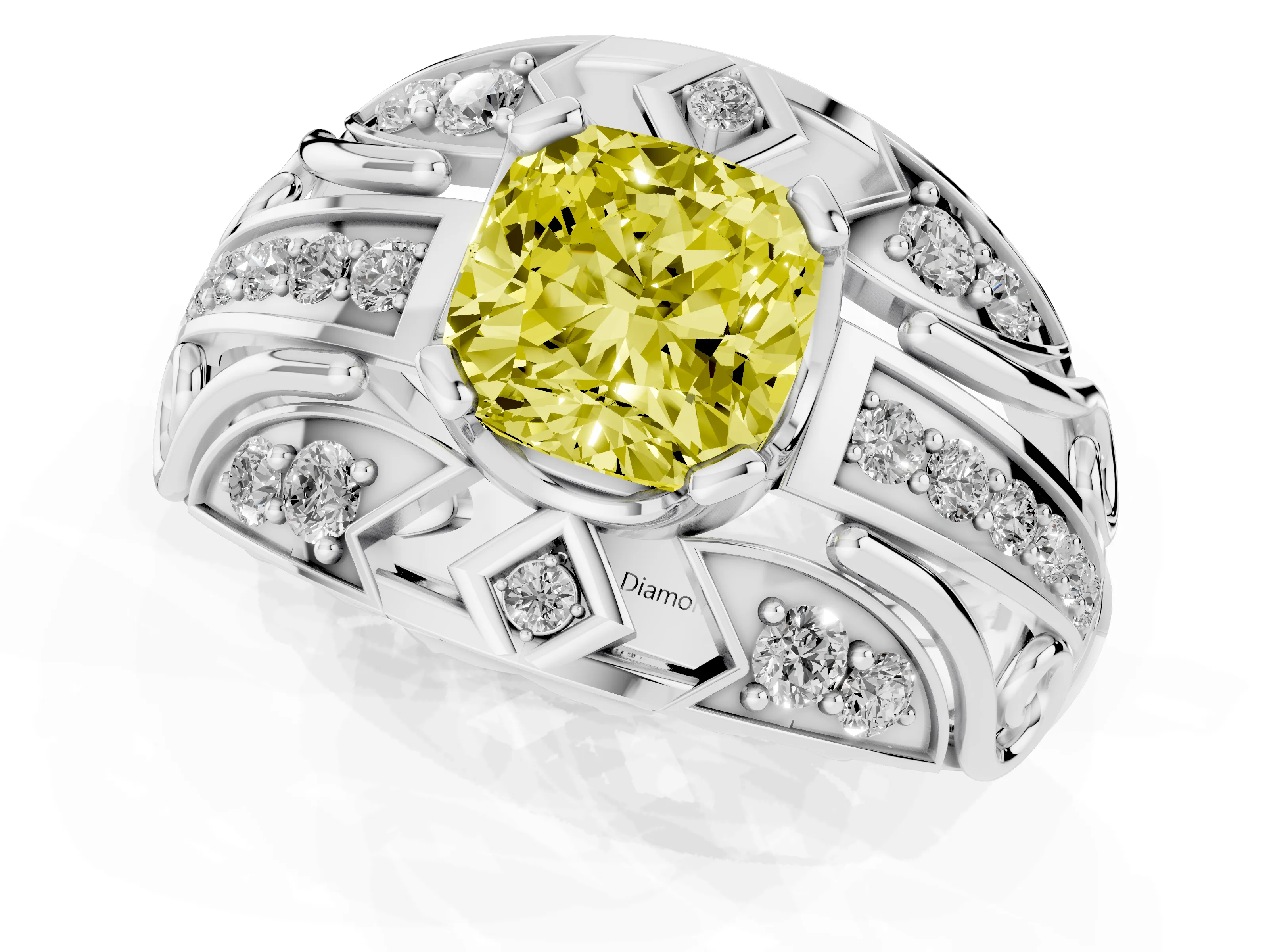 Fancy Yellow Cushion Cut Diamond Art Deco Ring Set in Platinum with Pavé Split Shank