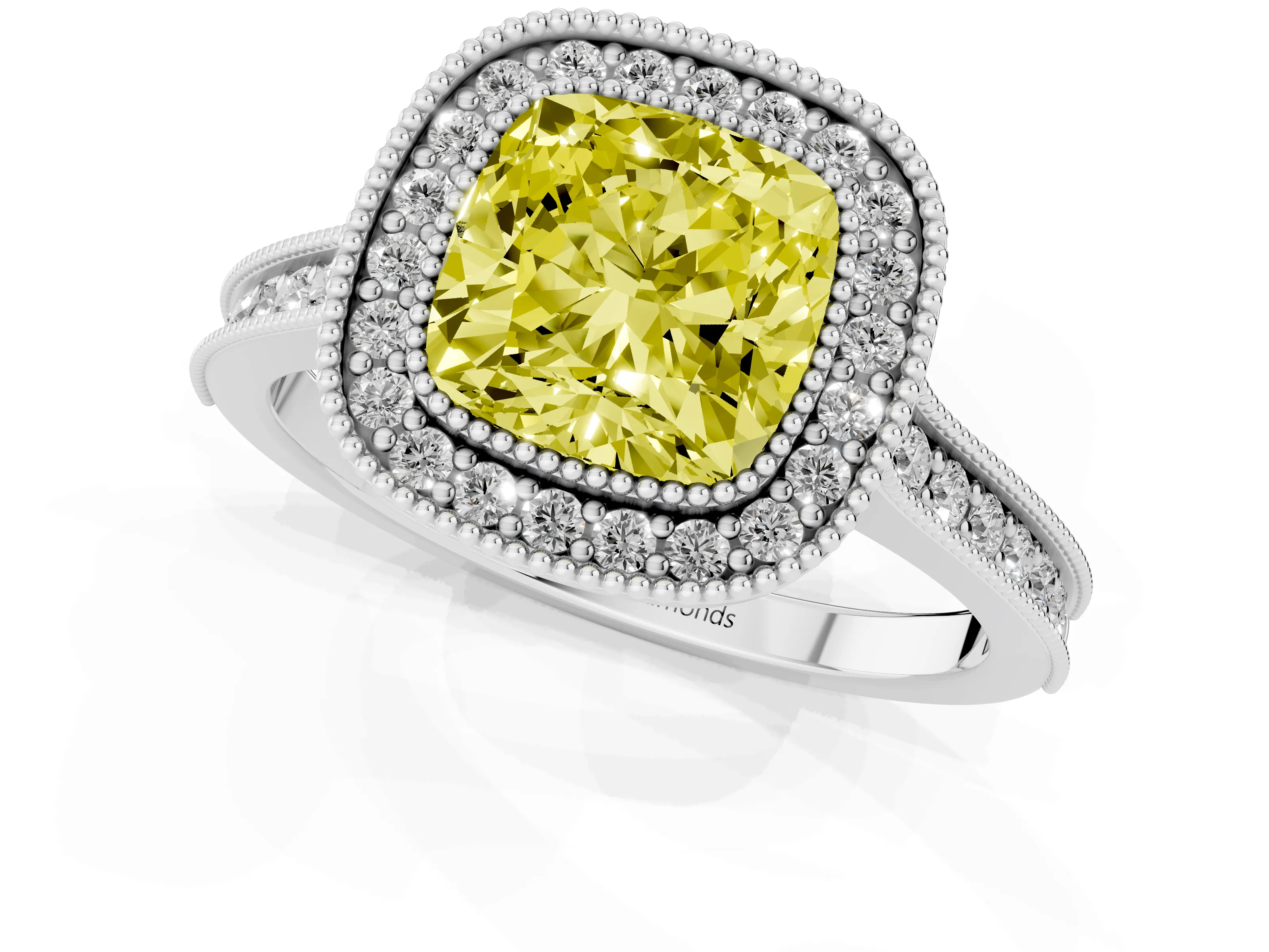 Fancy Yellow Cushion Cut Diamond Halo Milgrain Pavé Band Ring Set in Platinum with Prong Setting