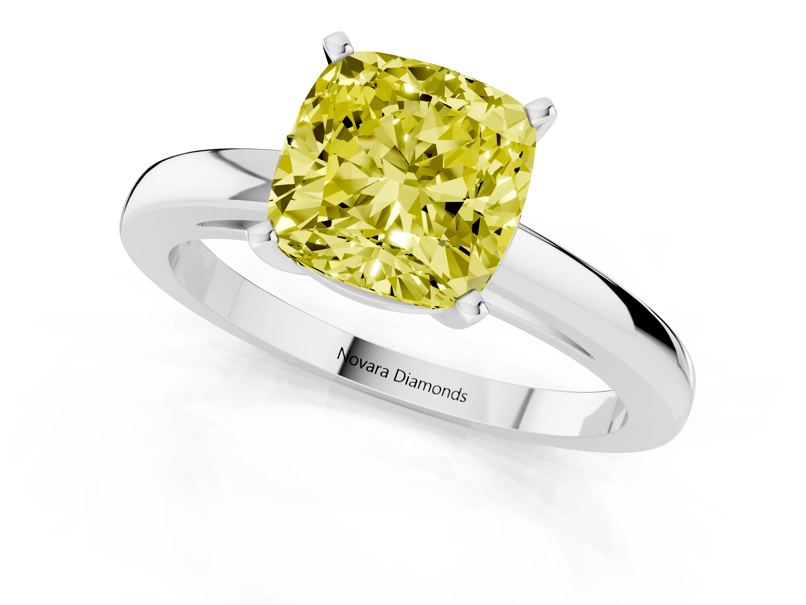Fancy Yellow Cushion Cut Diamond Solitaire Engagement Ring Set in Platinum with Prong Setting on a Classic Band