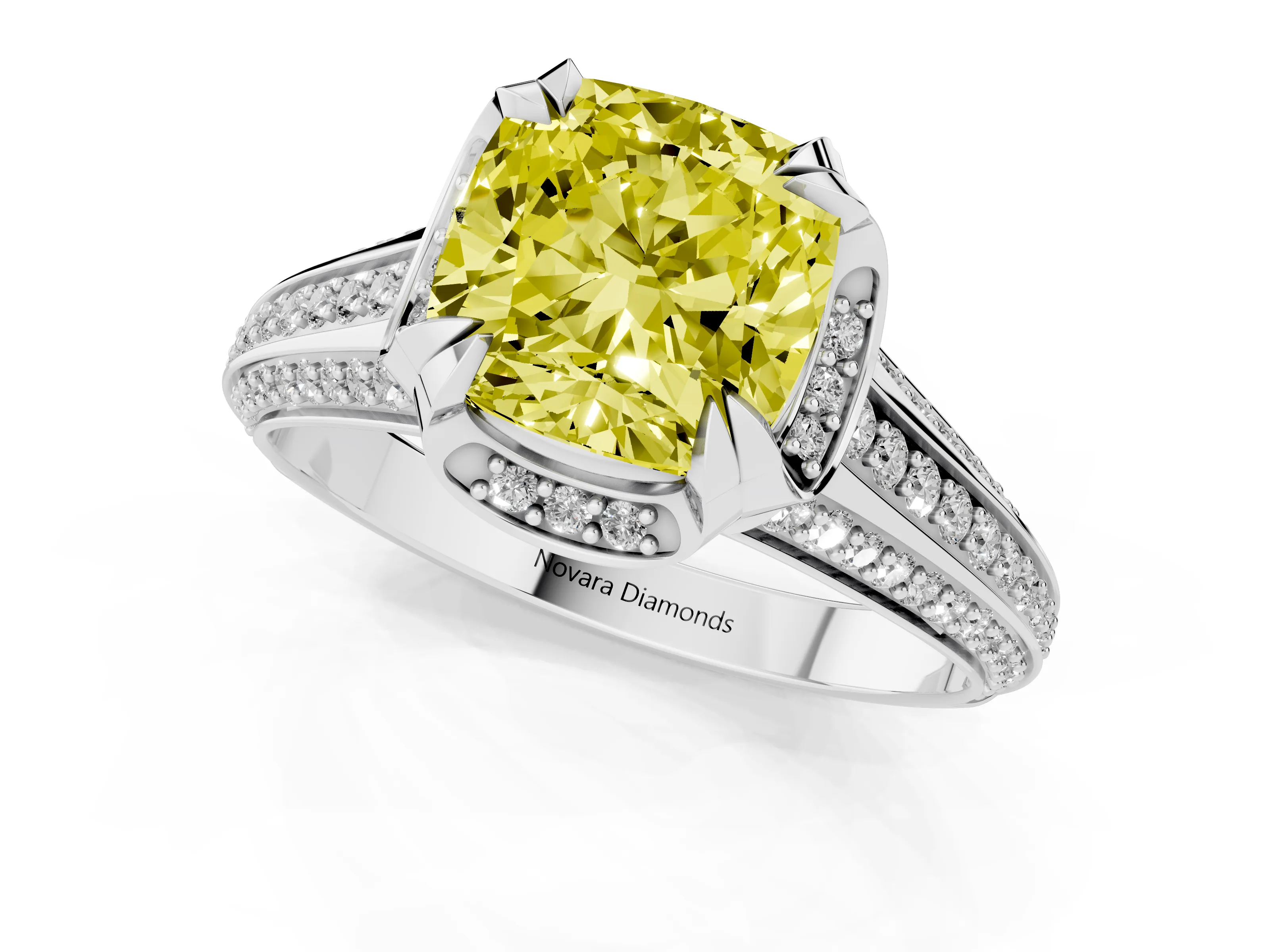 Fancy Yellow Cushion Cut Diamond Pavé Split Shank Solitaire Ring Set in White gold with Prong Setting