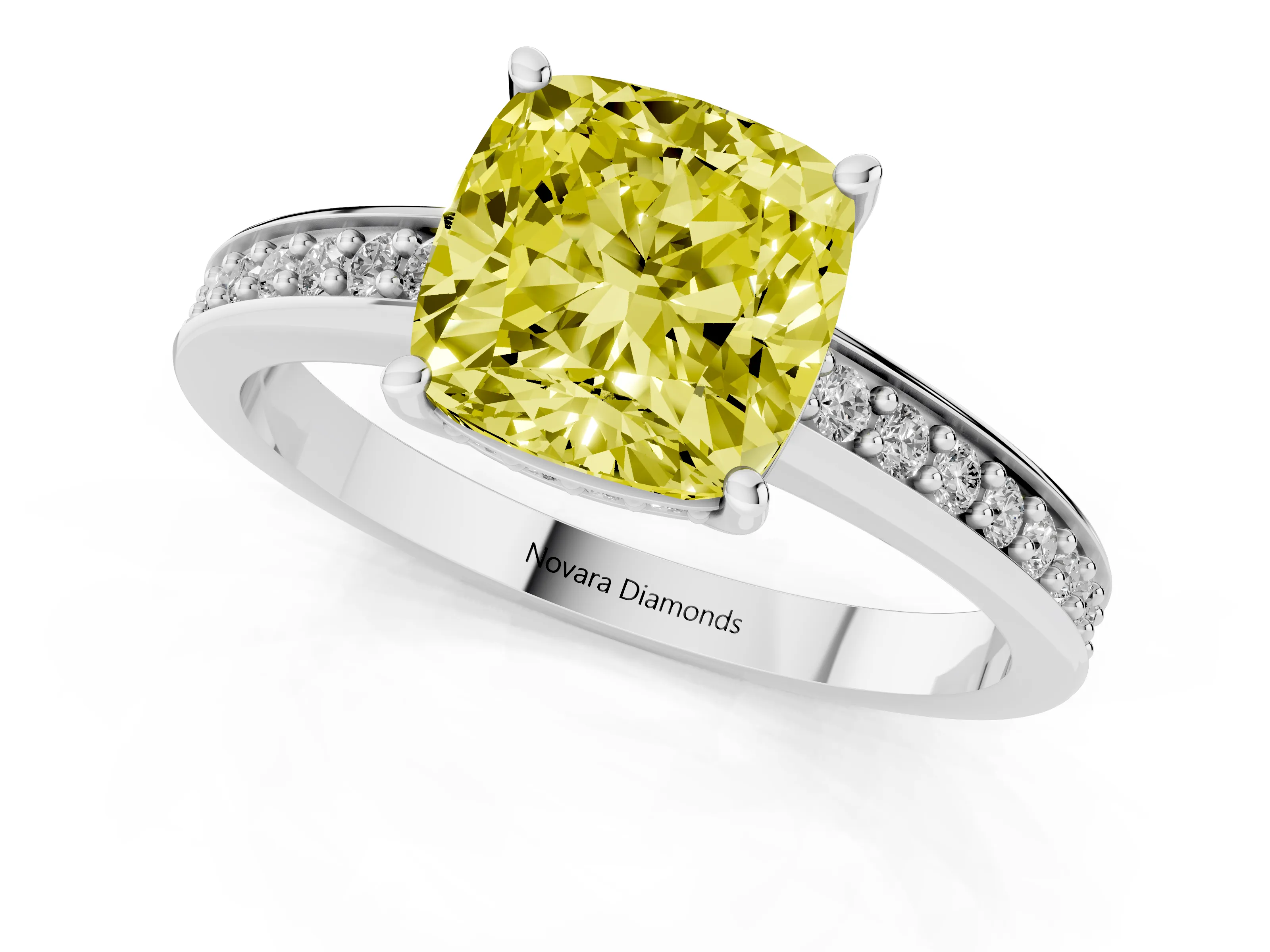 Fancy Yellow Cushion Cut Diamond Pavé Band Prong Set Solitaire Ring Set in Silver