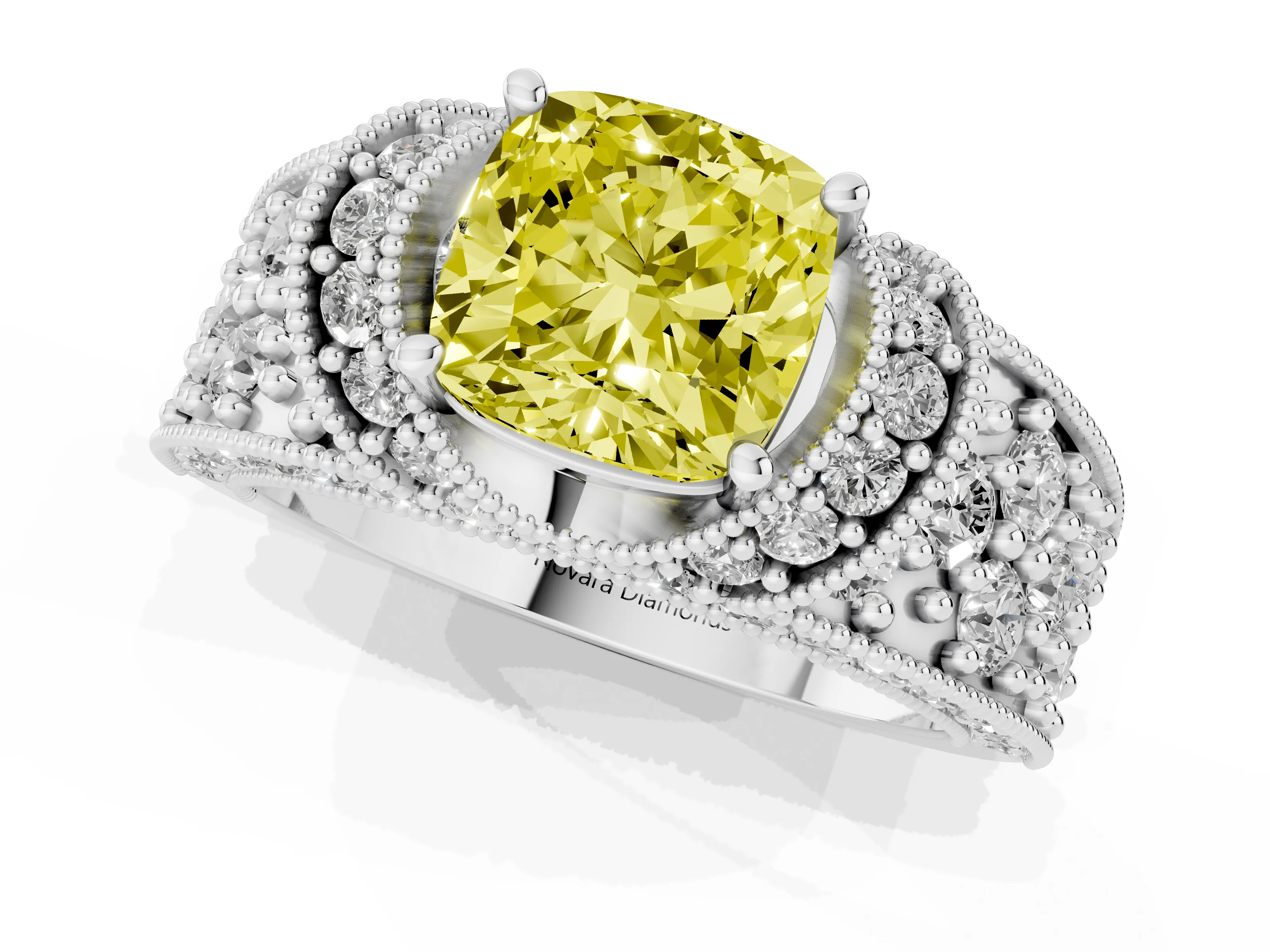 Fancy Yellow Cushion Cut Diamond Milgrain Halo Pavé Engagement Ring Set in Silver with Prong Setting