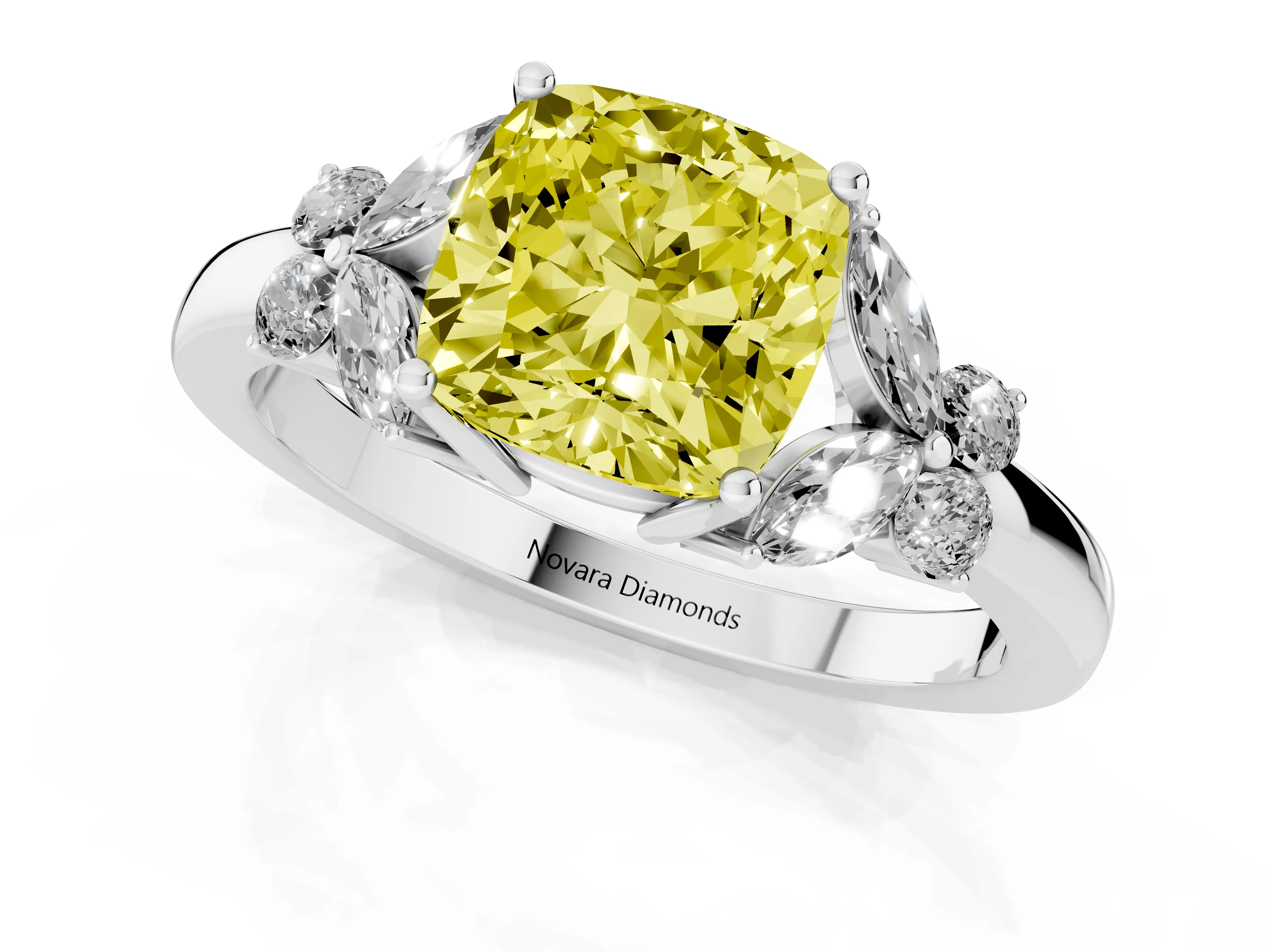 Fancy Yellow Cushion Cut Diamond Solitaire Floral Ring Set in Platinum with Marquise Petals and Prong Setting