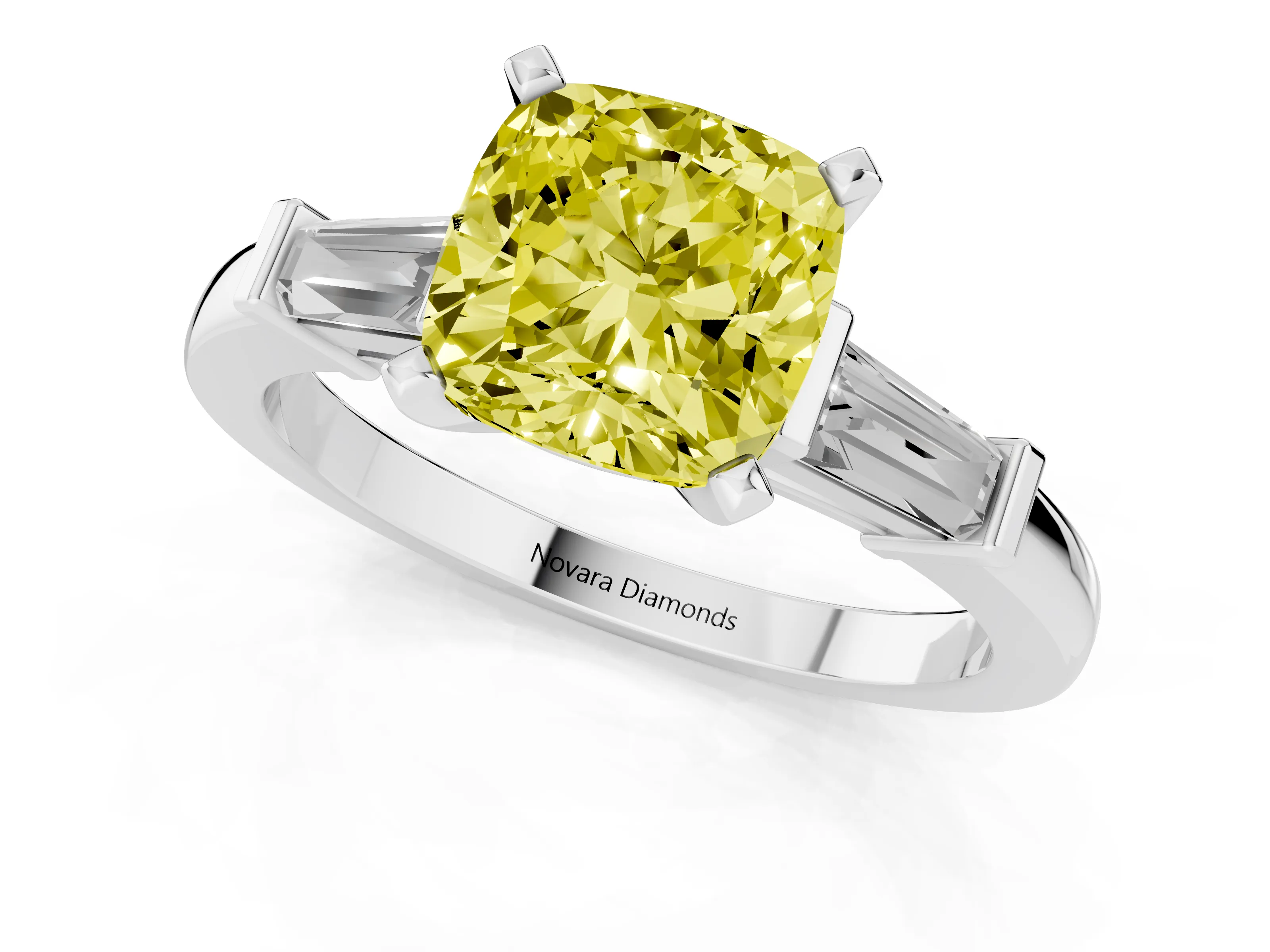 Fancy Yellow Cushion Cut Diamond Solitaire Ring Set in Platinum with Tapered Baguette Accents and Prong Setting