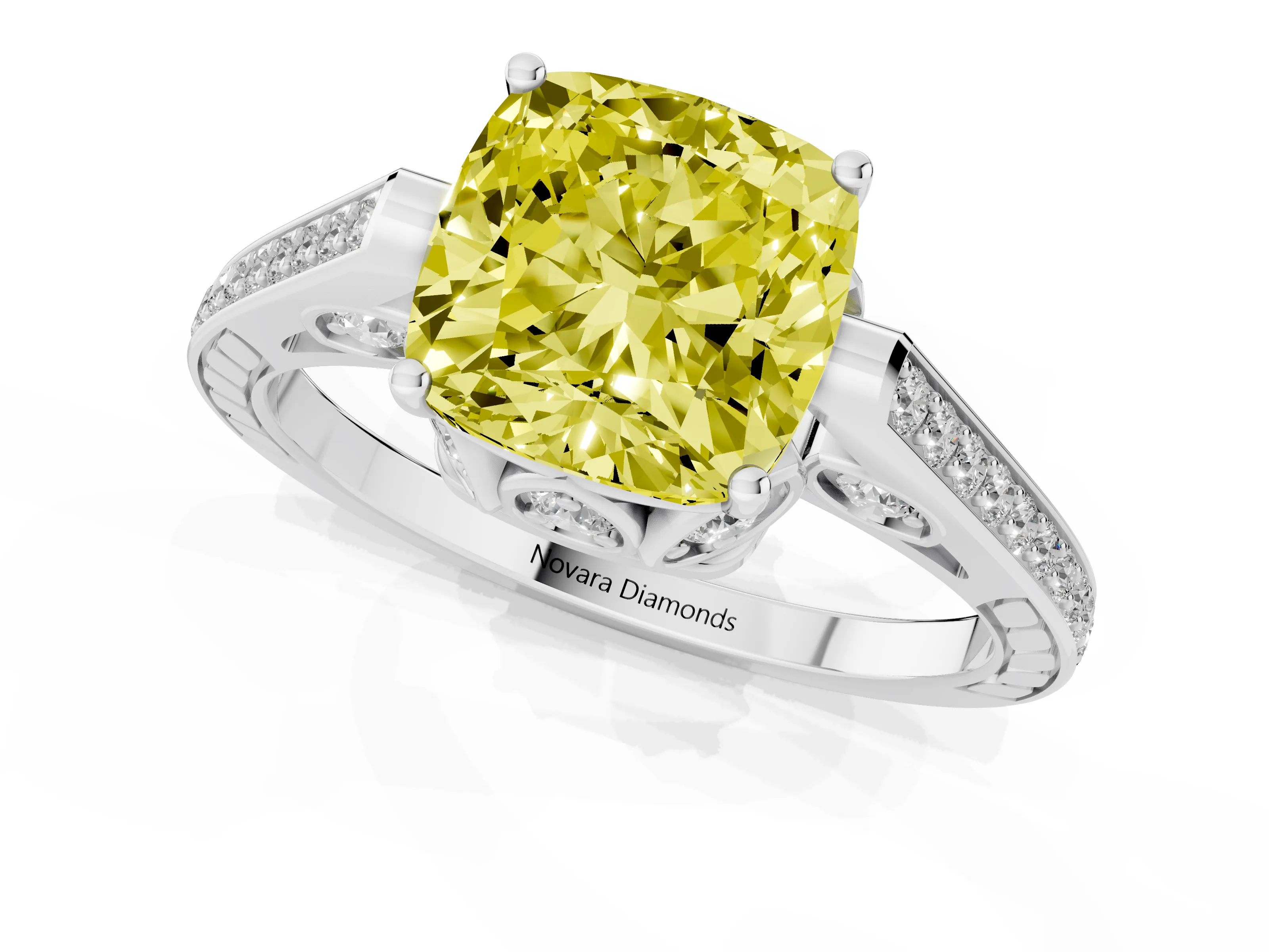 Fancy Yellow Cushion Cut Diamond Cathedral Pavé Engagement Ring Set in Platinum with Prong Setting