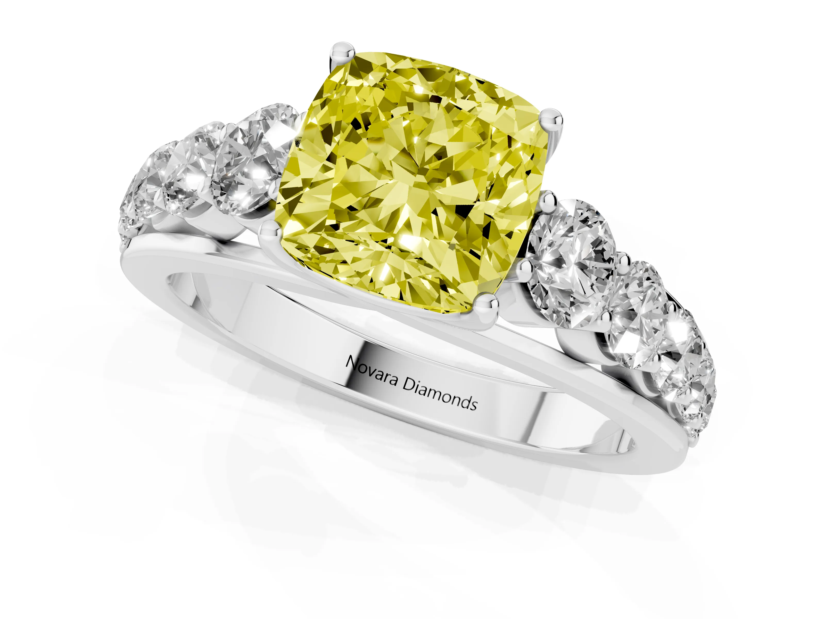 Fancy Yellow Cushion Cut Diamond Solitaire Ring Set in Silver with Pavé-Set Band and Prong Setting