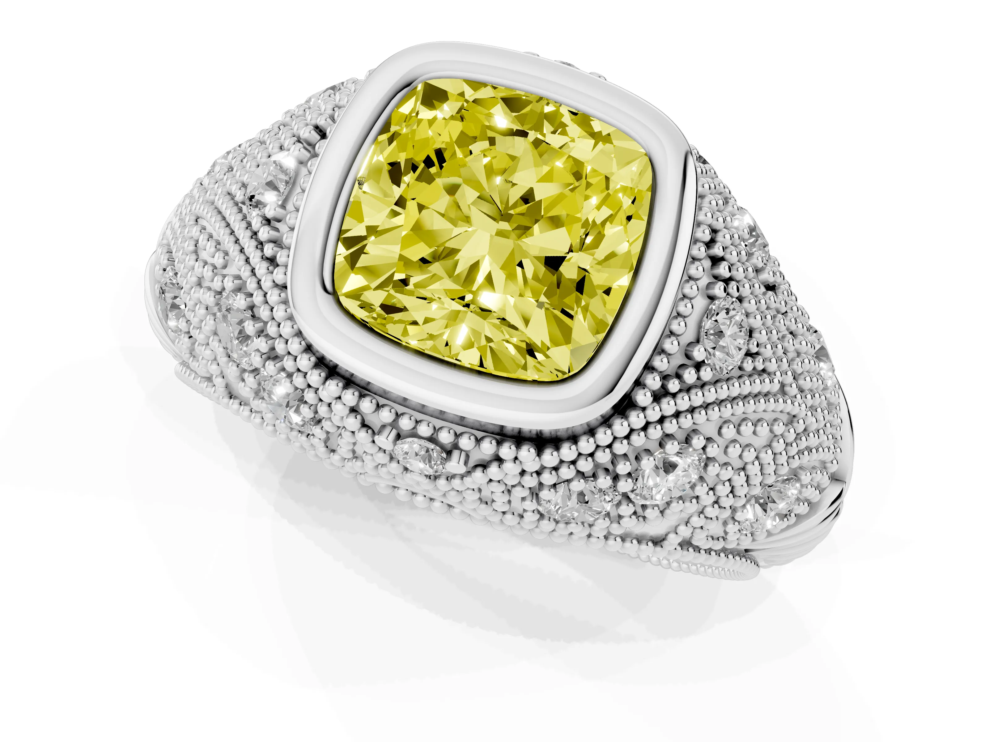 Fancy Yellow Cushion Cut Diamond Bezel Ring Set in Silver with Milgrain Accent Band