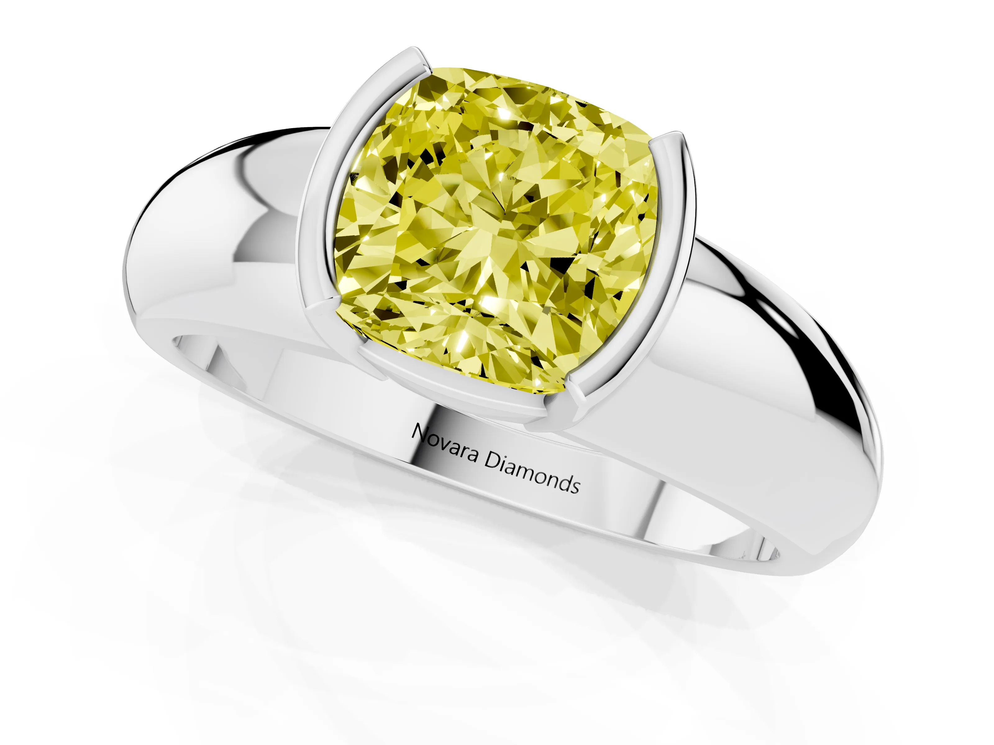 Fancy Yellow Cushion Cut Diamond Solitaire Tension Set Ring Set in Silver with Wide Band