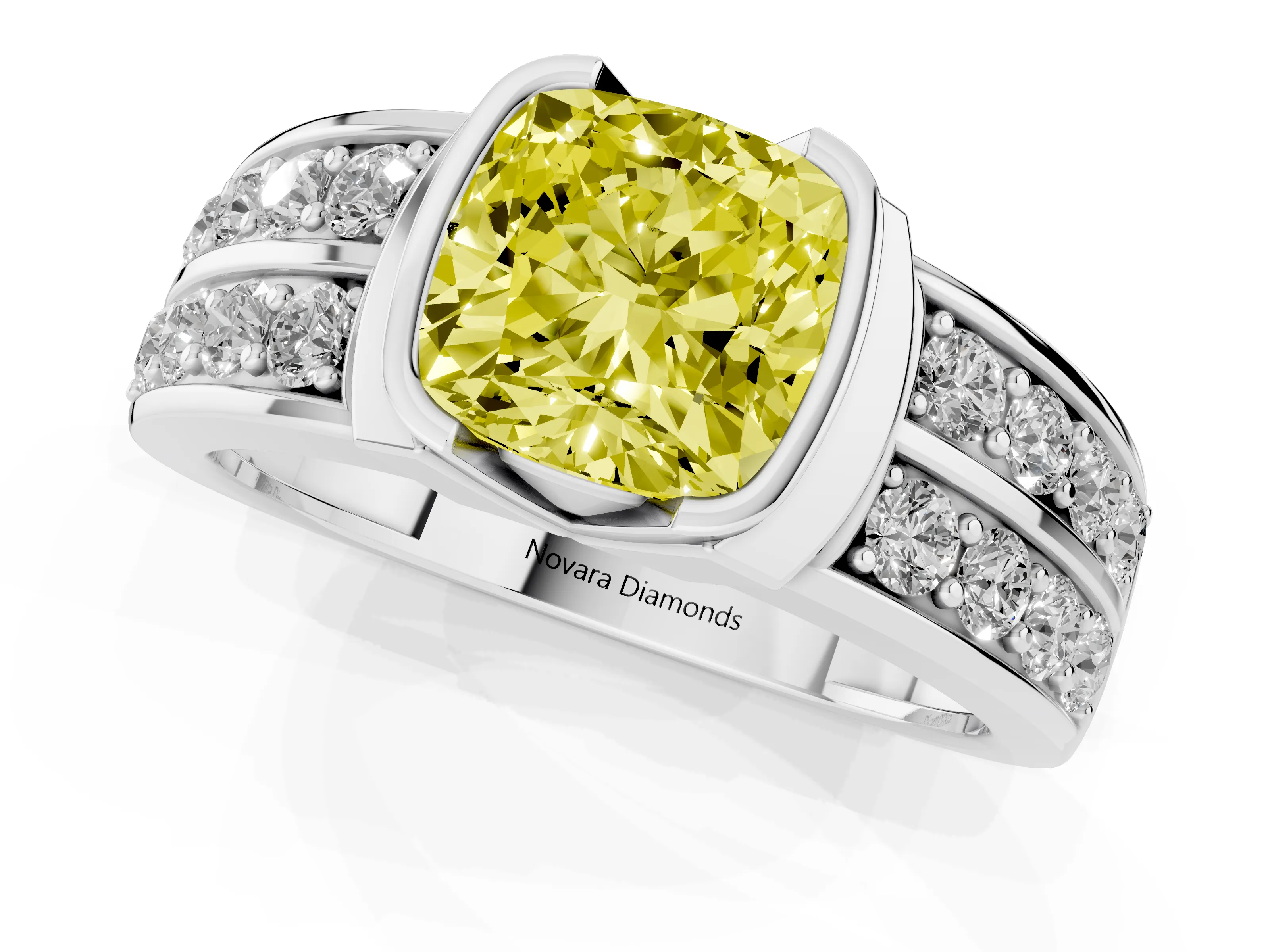 Fancy Yellow Cushion Cut Diamond Wide Channel Set Band Ring Set in Silver with Bezel Setting