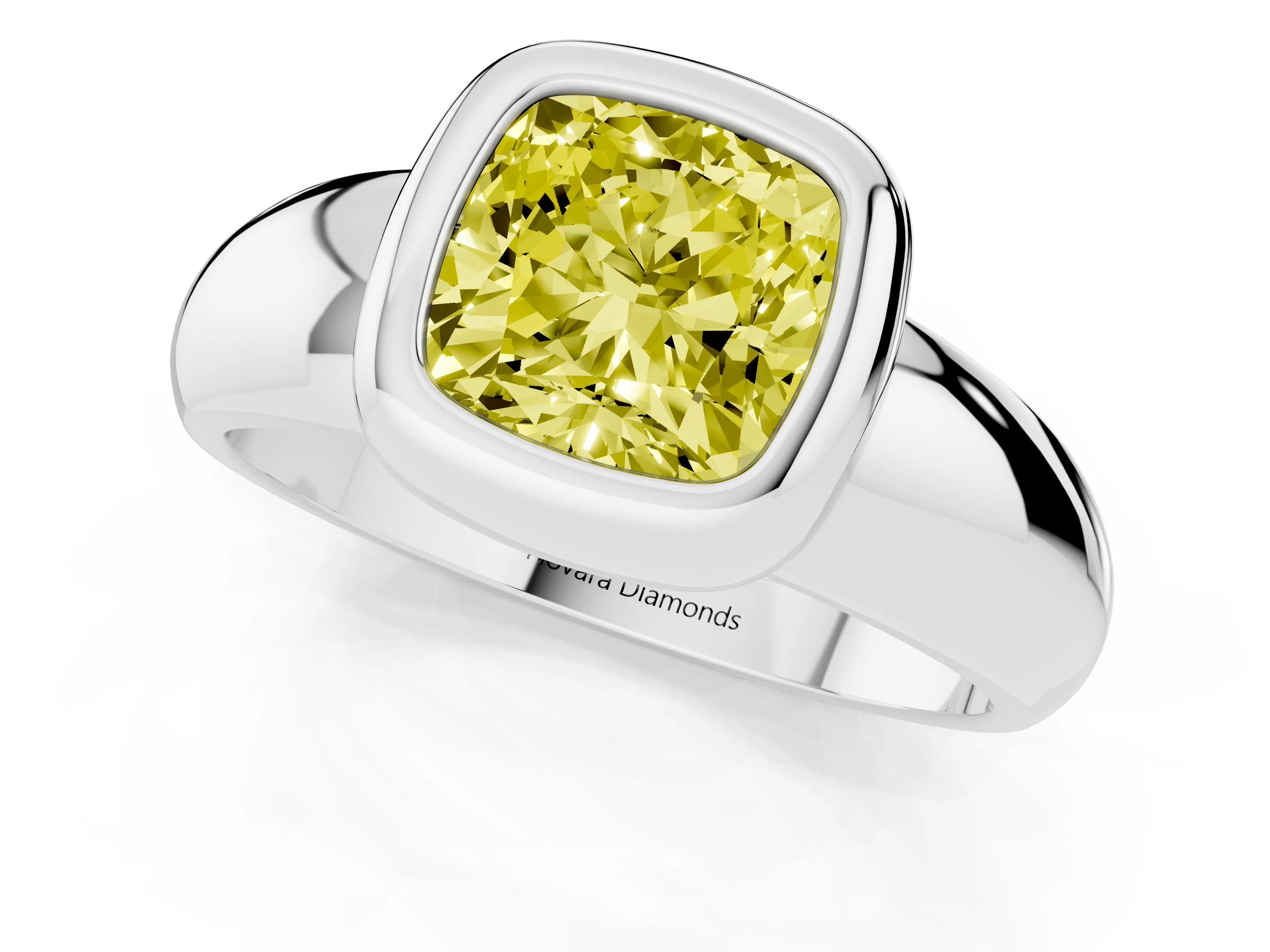 Fancy Yellow Bezel Set Cushion Cut Diamond Solitaire Ring Set in White gold with Wide Band