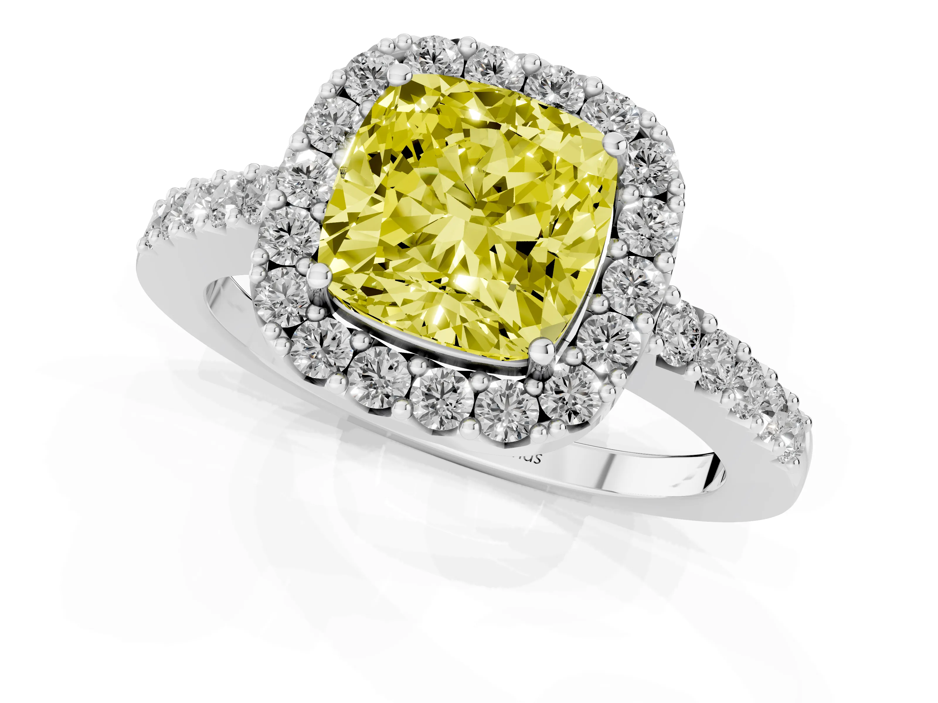 Fancy Yellow Cushion Cut Diamond Halo Pavé Solitaire Ring Set in Silver with Prong-Set Center Stone