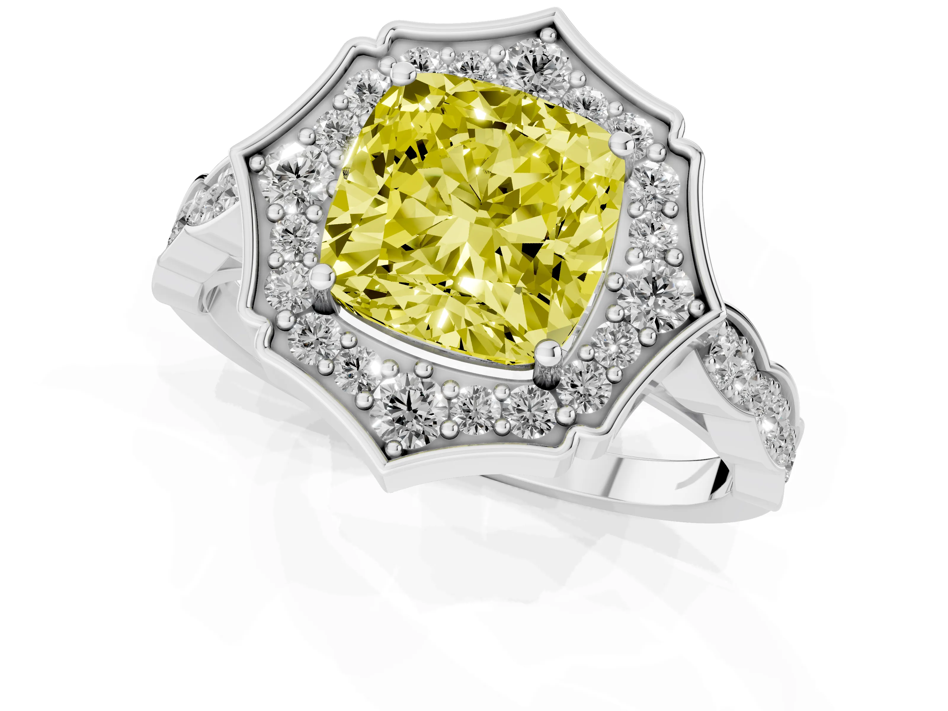 Fancy Yellow Cushion Cut Diamond Halo Engagement Ring Set in Platinum with Milgrain Band and Prong Setting