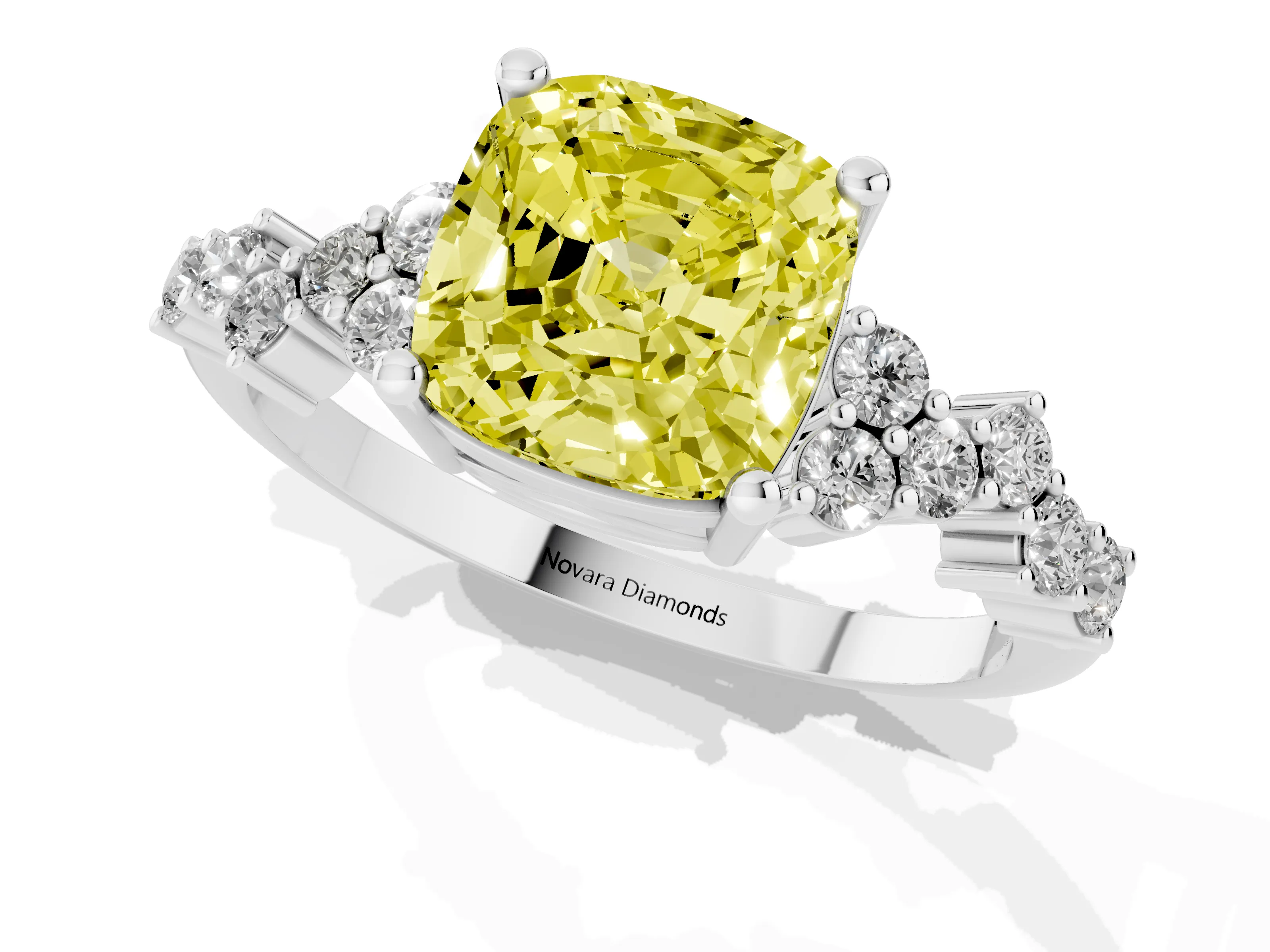 Fancy Yellow Cushion Cut Diamond Ring Set in White gold with Scattered Round Accents