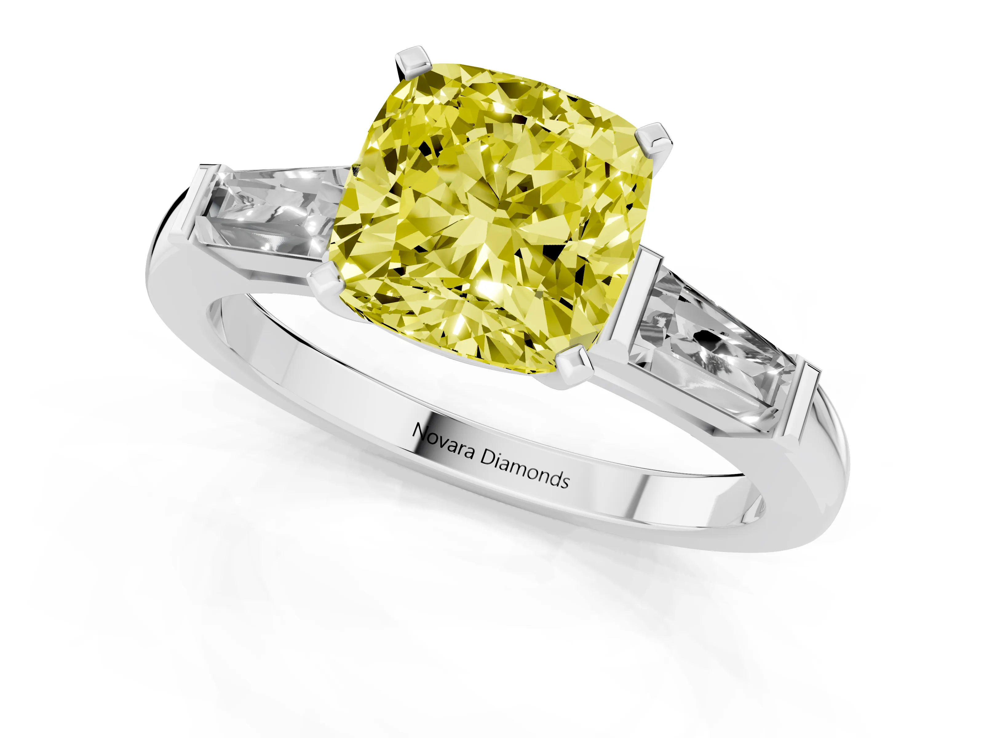 Fancy Yellow Cushion Cut Diamond Solitaire Ring Set in White gold with Tapered Baguette Side Stones and Prong Setting