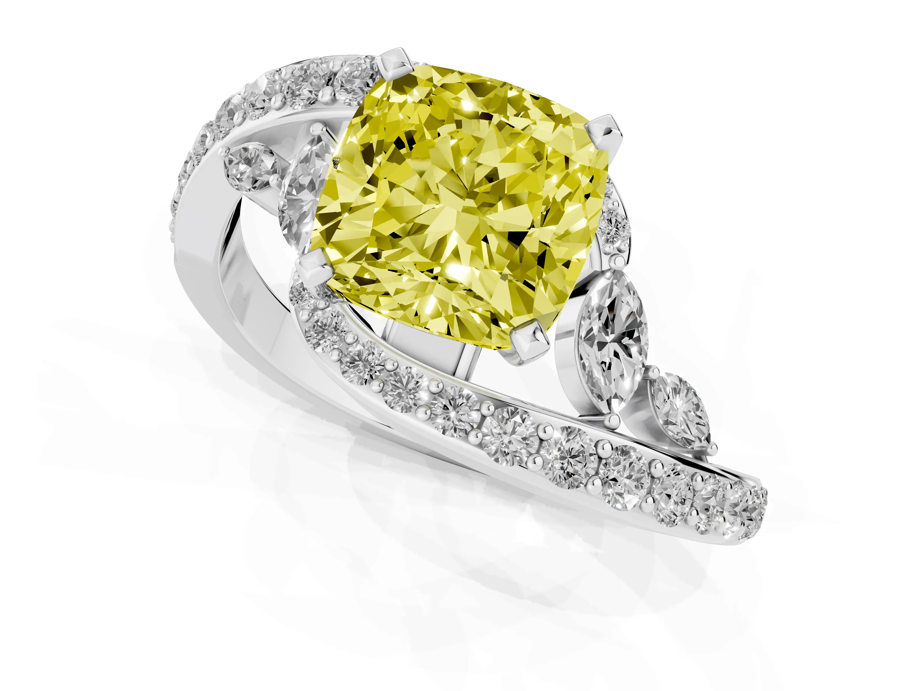 Fancy Yellow Cushion Cut Diamond Solitaire Ring Set in White gold with Pavé Twist Band and Secure Prong Setting