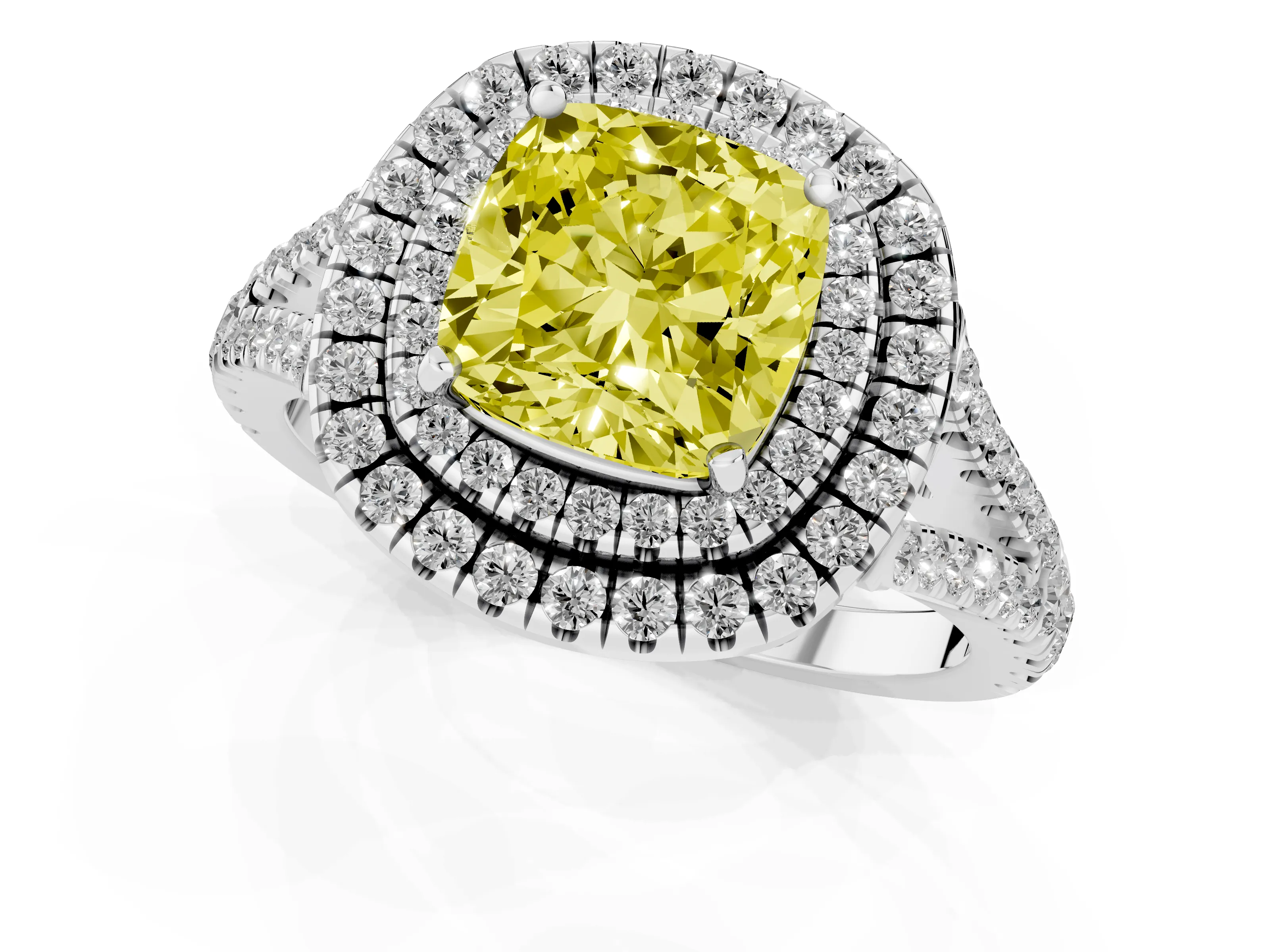 Fancy Yellow Cushion Cut Diamond Double Halo Ring Set in Platinum with Pavé Band