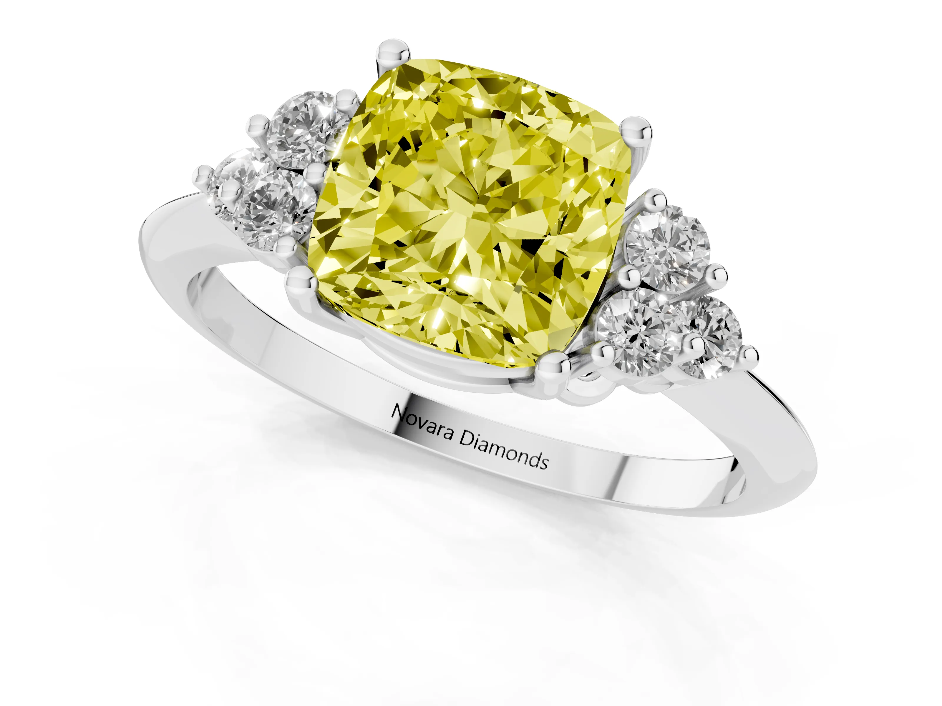 Fancy Yellow Cushion Cut Diamond Cluster Ring Set in White gold with Plain Band and Prong Setting