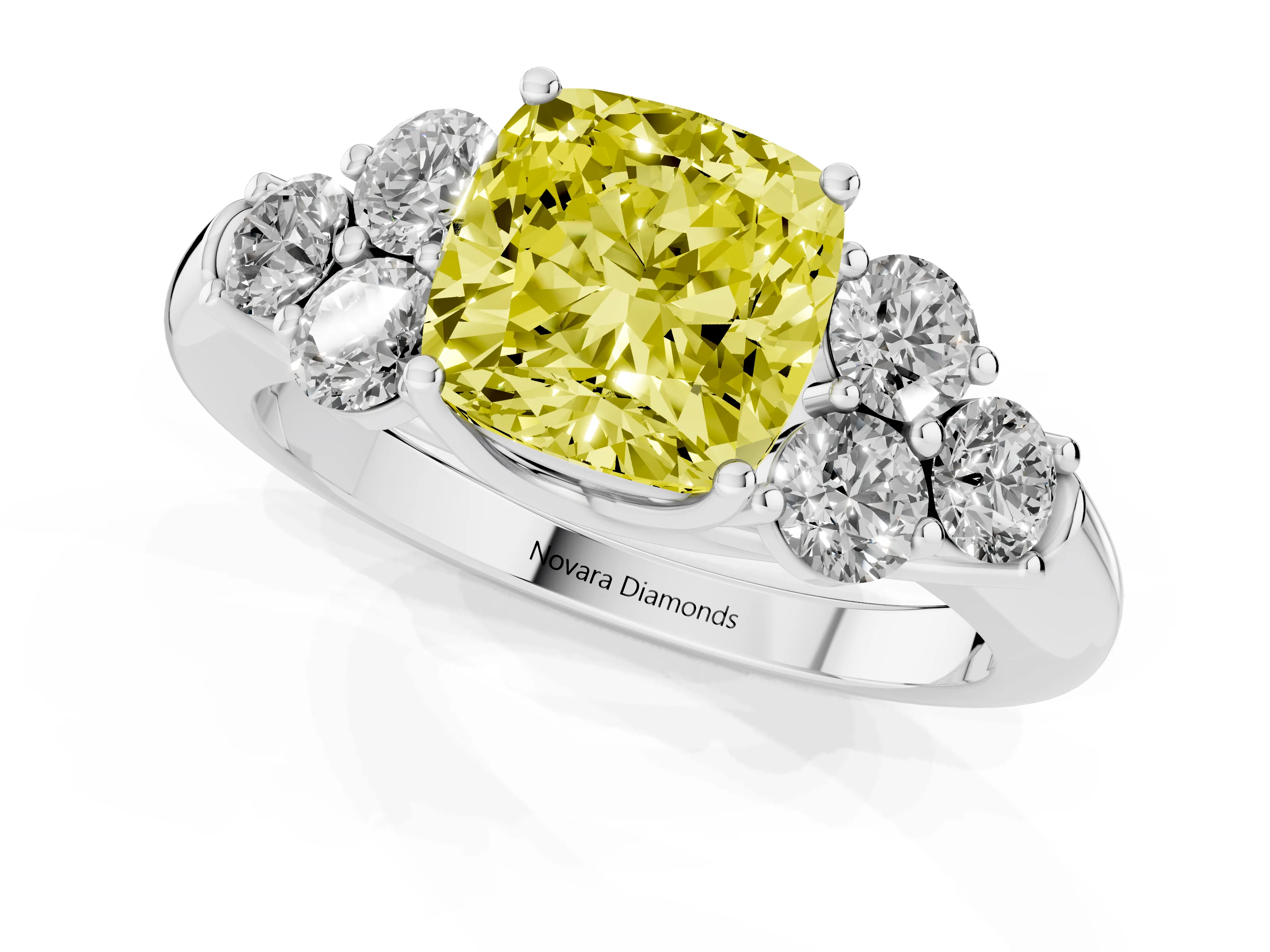 Fancy Yellow Cushion Cut Diamond Cluster Ring Set in White gold with Round Accent Stones and Prong Setting on a Plain Band