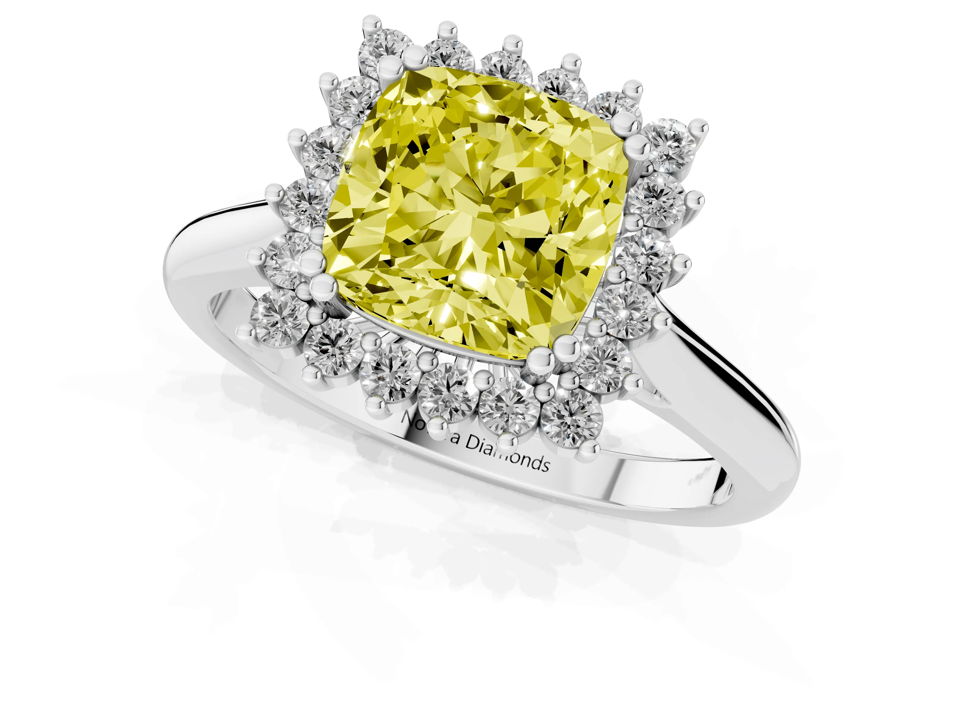 Fancy Yellow Cushion Cut Diamond Halo Ring Set in Platinum with Plain Solitaire Band and Prong Setting