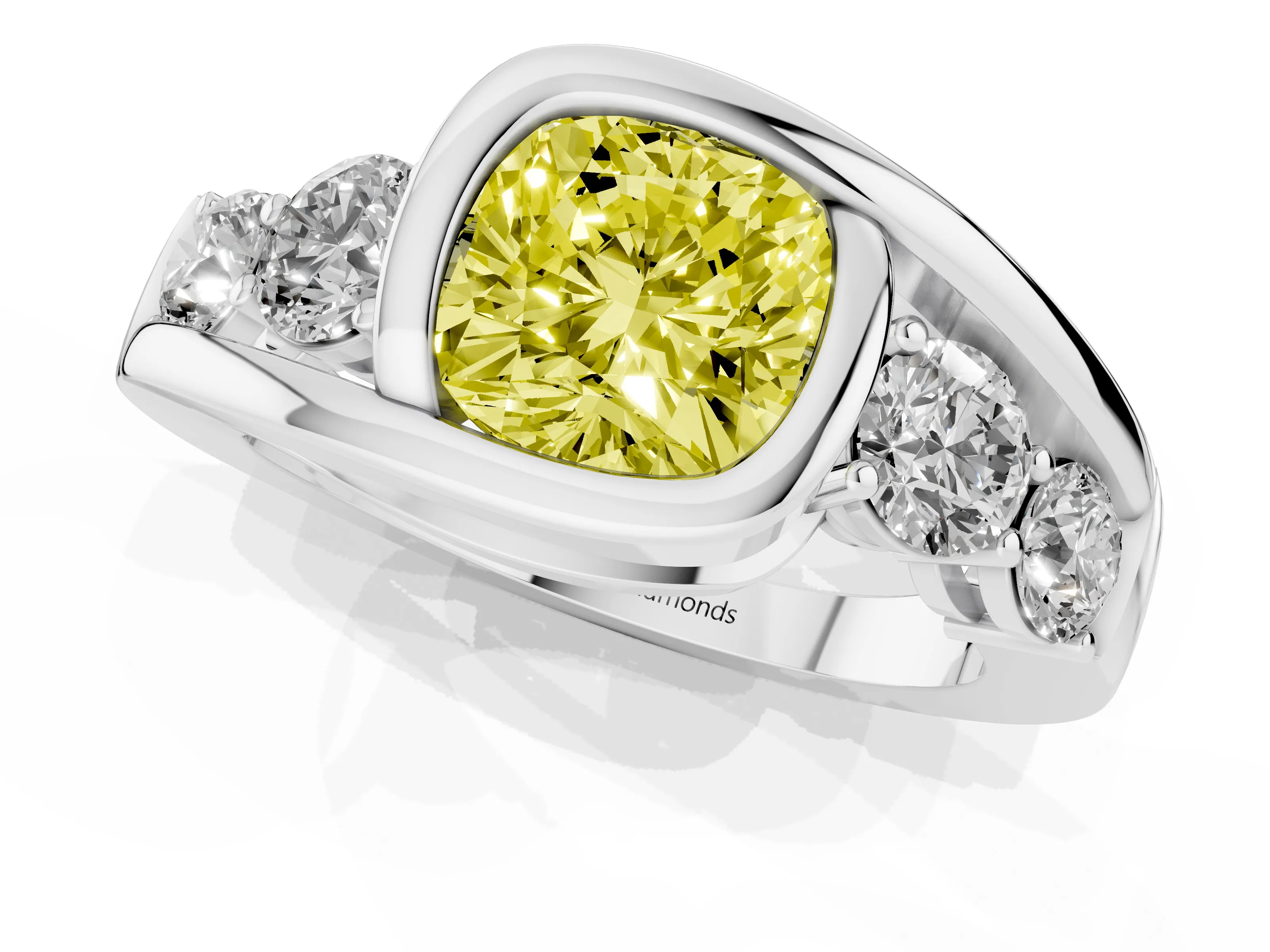 Fancy Yellow Cushion Cut Diamond Bezel Bypass Ring Set in Silver with Round Accents