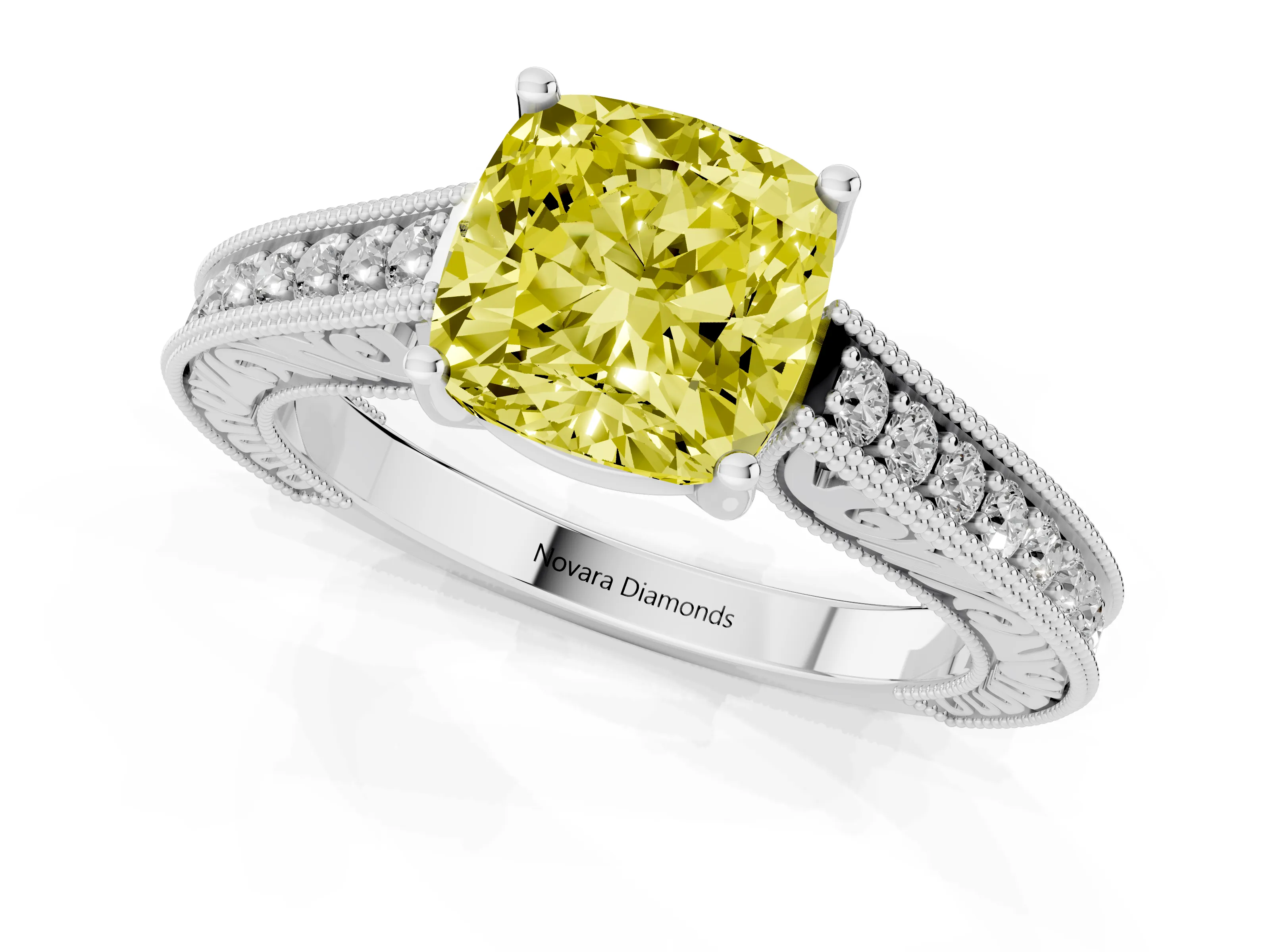 Fancy Yellow Cushion Cut Diamond Milgrain Pavé Band Solitaire Ring Set in White gold with Prong Setting