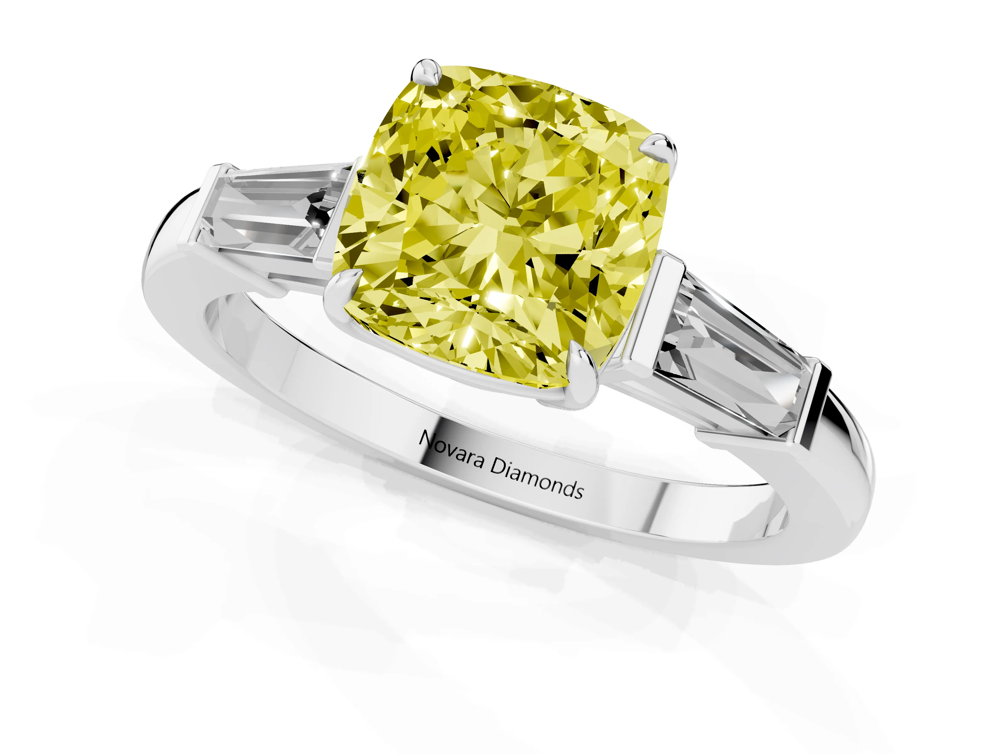 Fancy Yellow Cushion Cut Diamond Three-Stone Ring Set in Platinum with Tapered Baguette Side Stones and Prong Setting