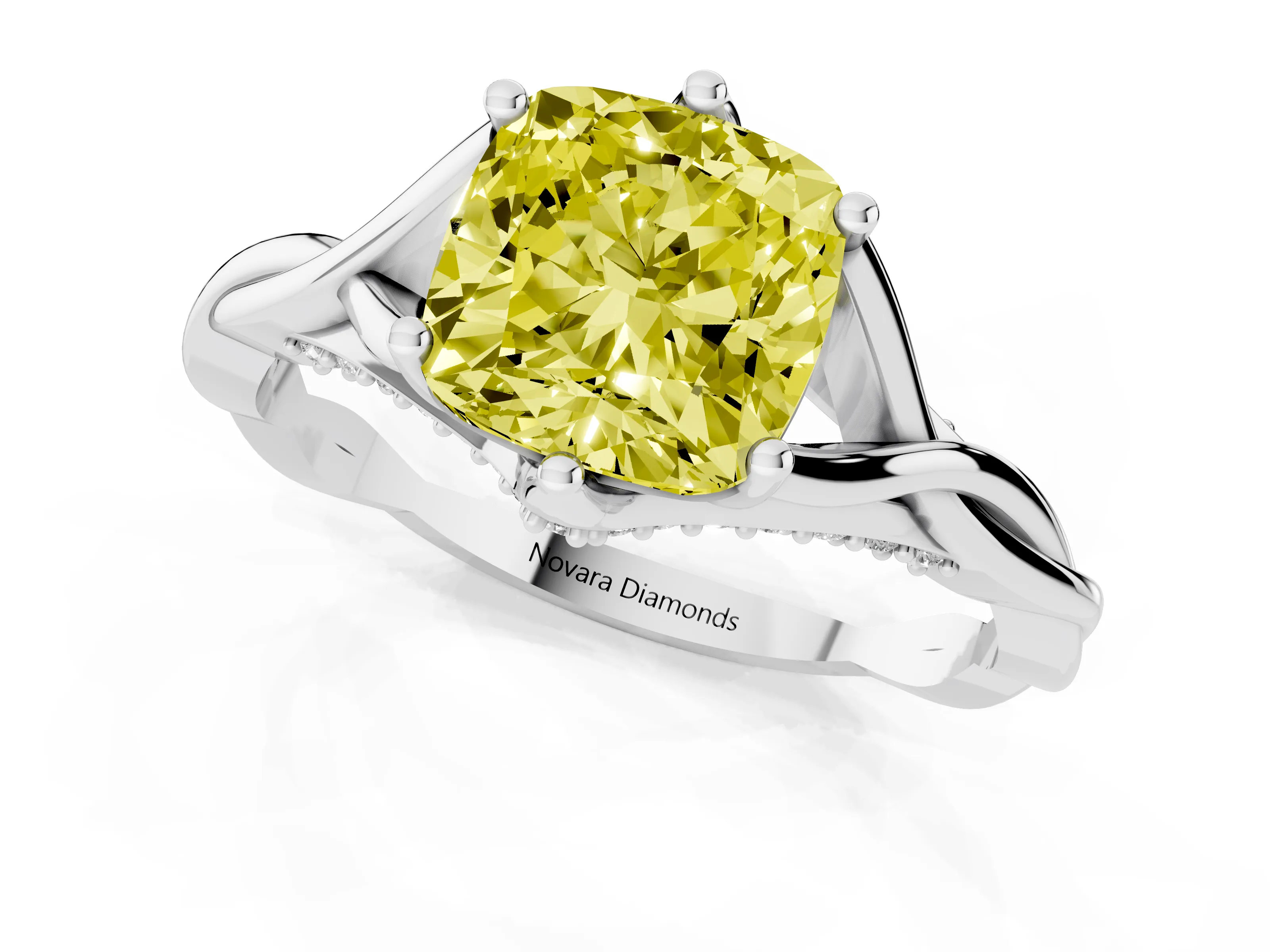 Fancy Yellow Cushion Cut Diamond Intertwined Twist Band Solitaire Ring Set in White gold with Prong Setting