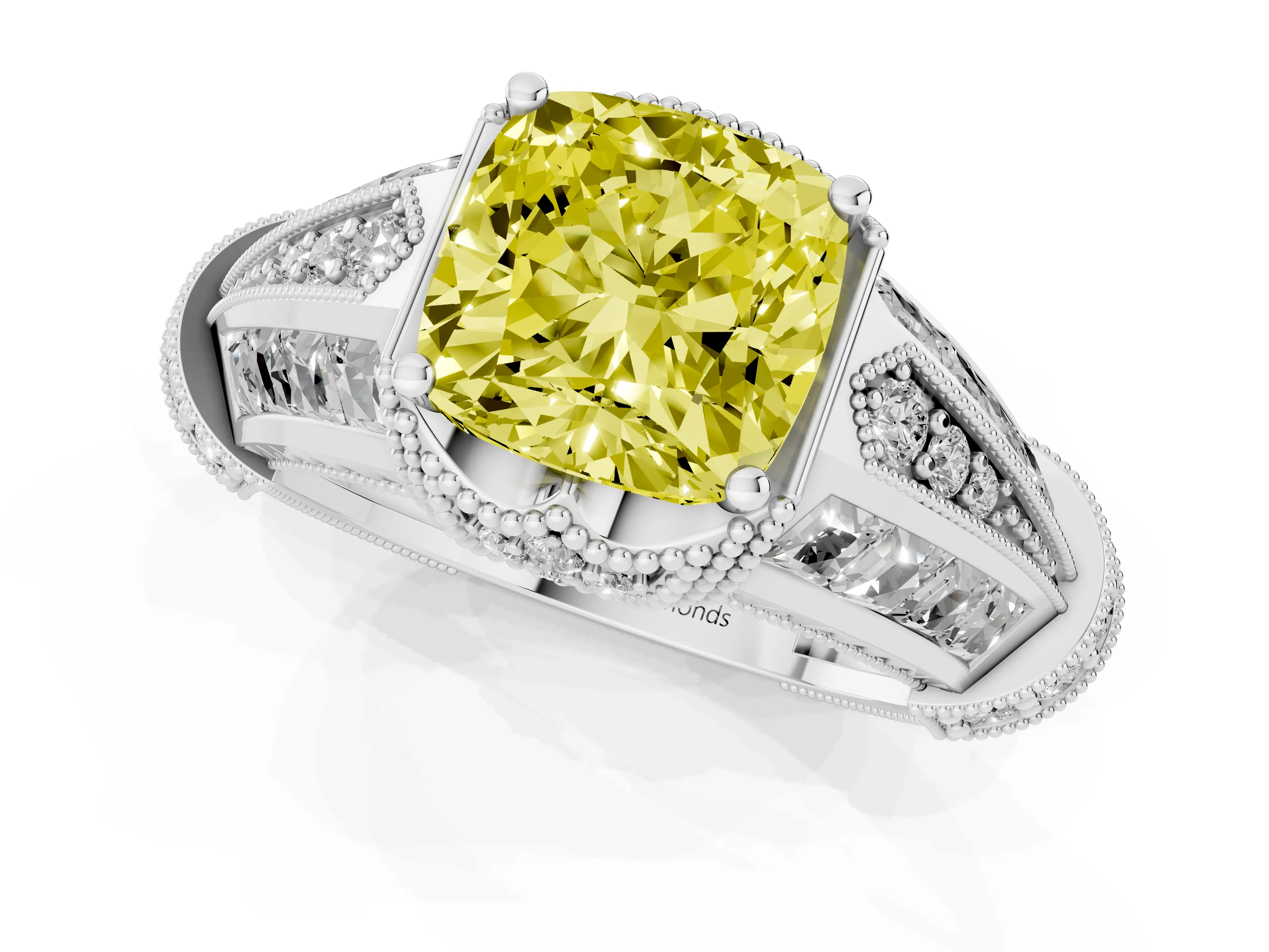 Fancy Yellow Cushion Cut Diamond Vintage-Inspired Milgrain Ring Set in Silver with Accent Split Shank