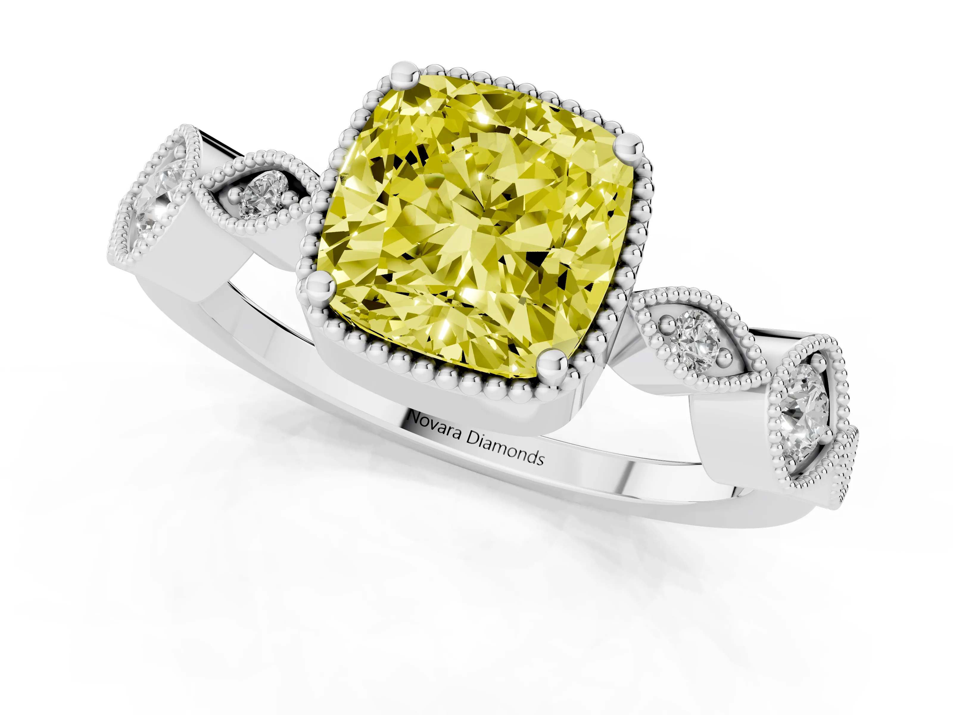 Fancy Yellow Cushion Cut Diamond Vintage-Inspired Milgrain Ring Set in White gold with Marquise Stations of Round Accents