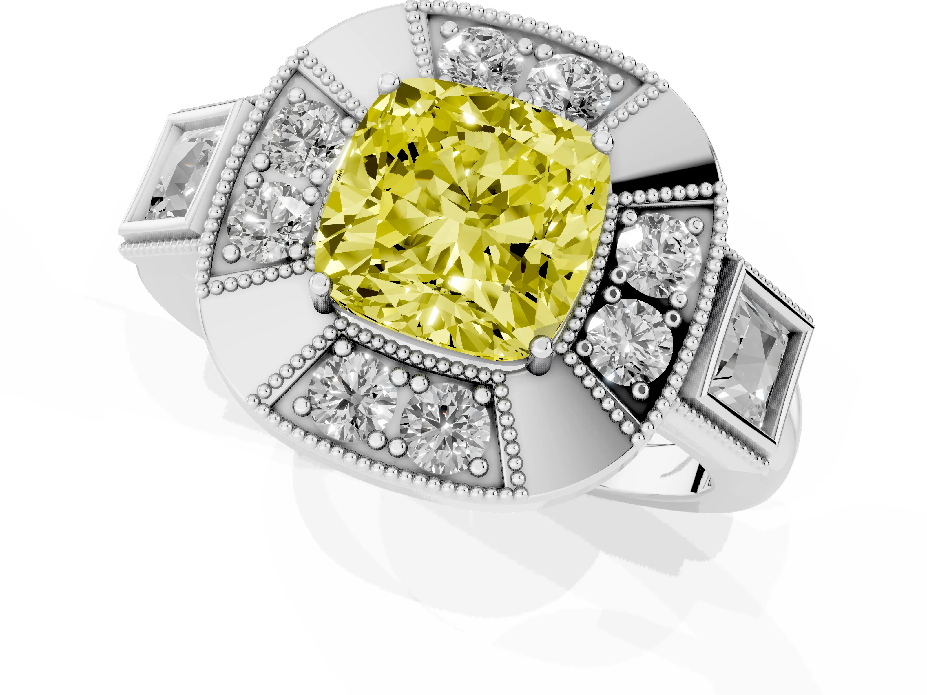 Fancy Yellow Cushion Cut Diamond Milgrain Halo Ring Set in White gold with Split Shank
