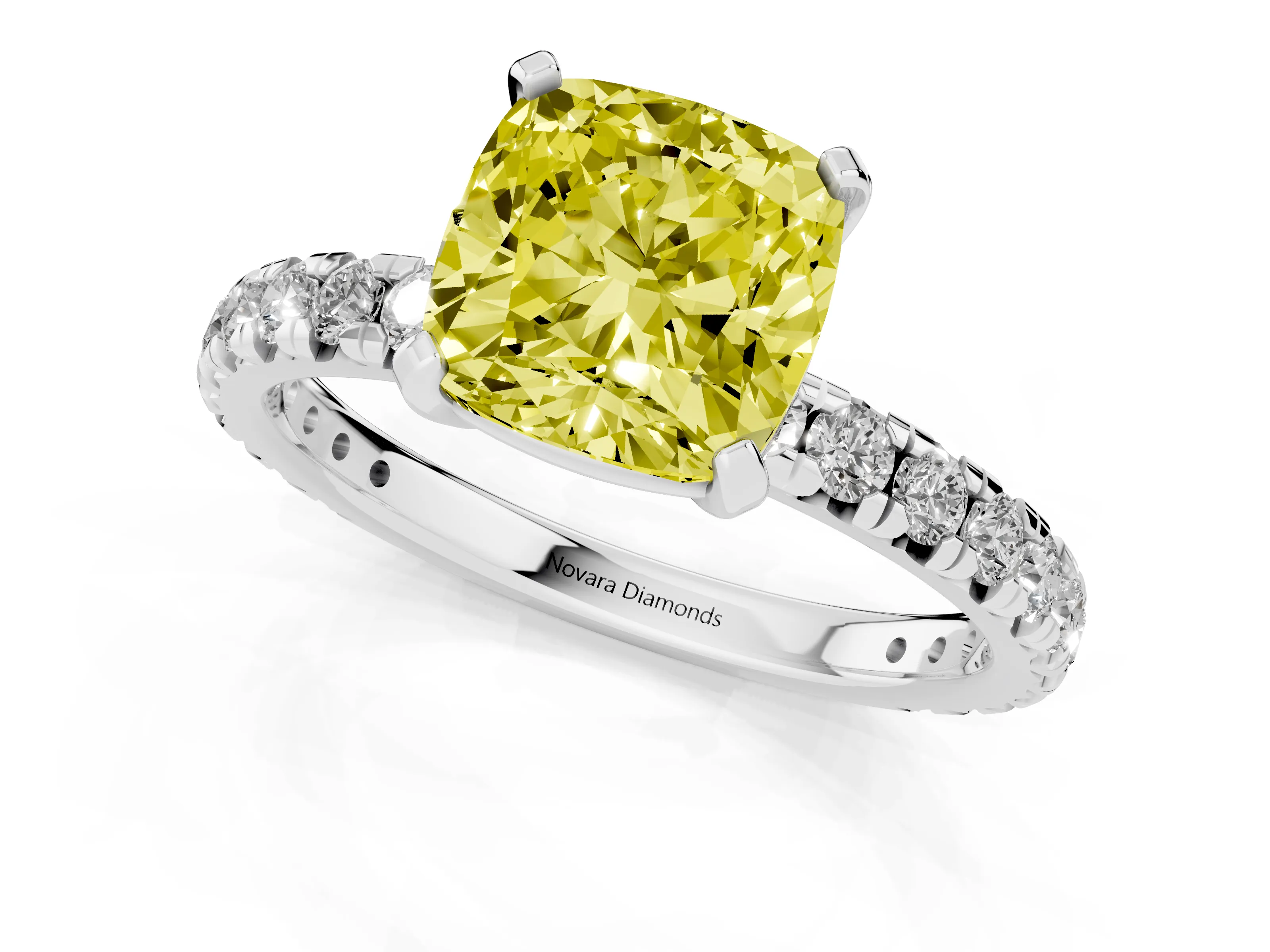 Fancy Yellow Cushion Cut Diamond Pavé Solitaire Ring Set in White gold with Round Band and Prong Setting