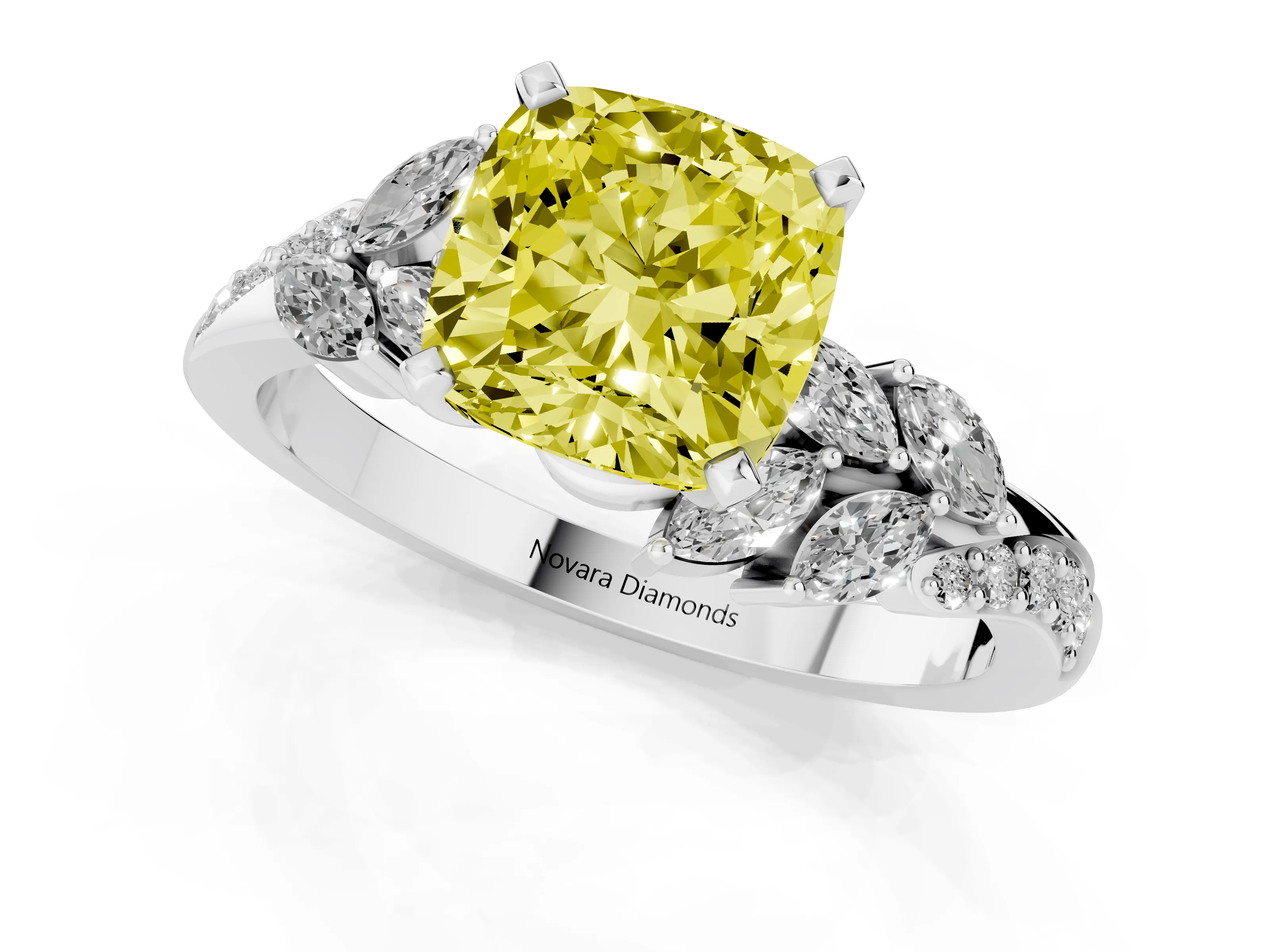 Fancy Yellow Cushion Cut Diamond Solitaire Ring Set in Platinum with Marquise Twist Band and Prong Setting