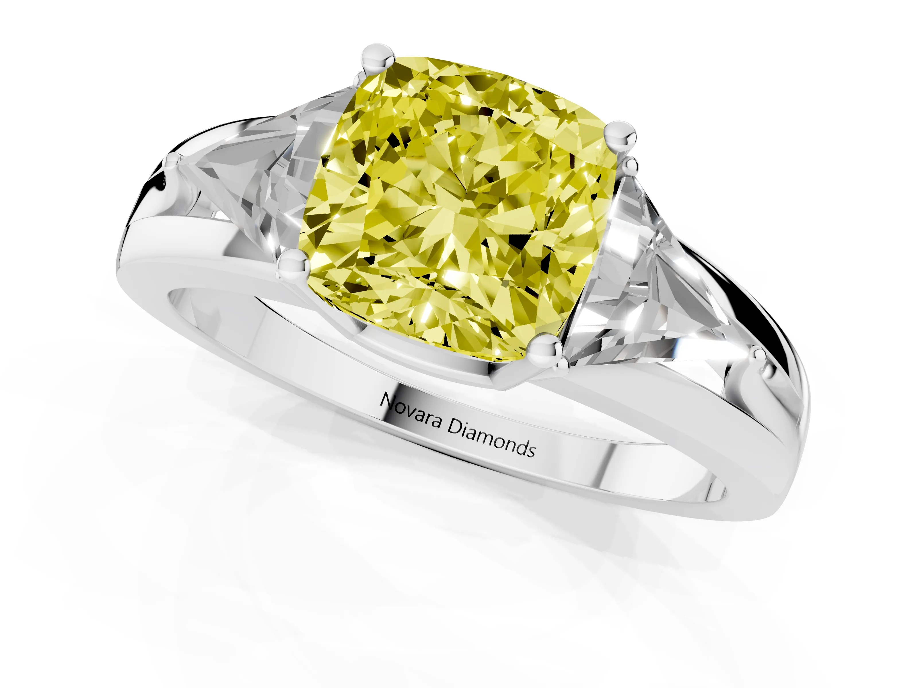Fancy Yellow Cushion Cut Diamond Three-Stone Ring Set in White gold with Trillion Side Stones and Split Shank