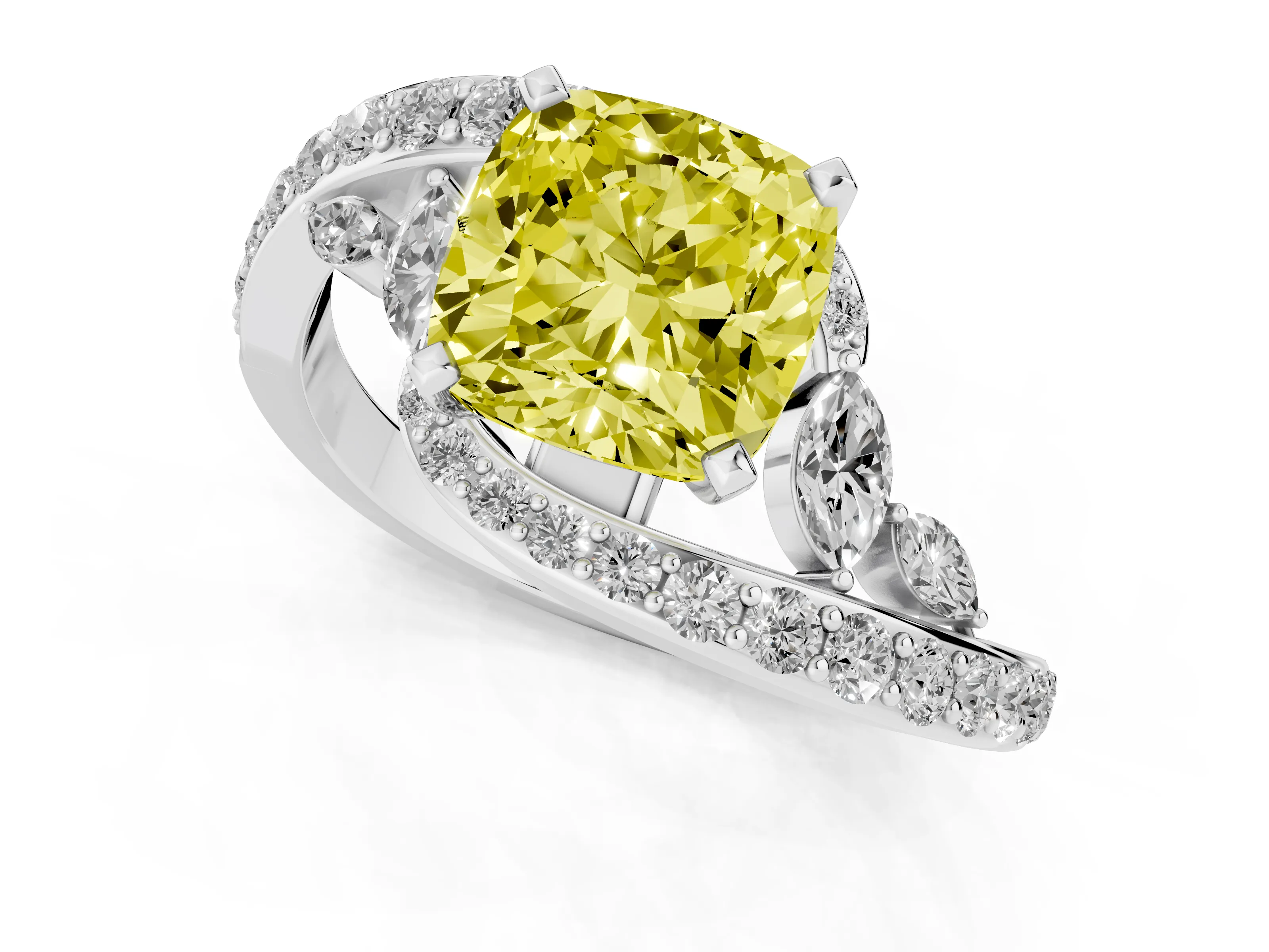 Fancy Yellow Cushion Cut Diamond Solitaire Ring Set in Platinum with Filigree Band and Prong Setting