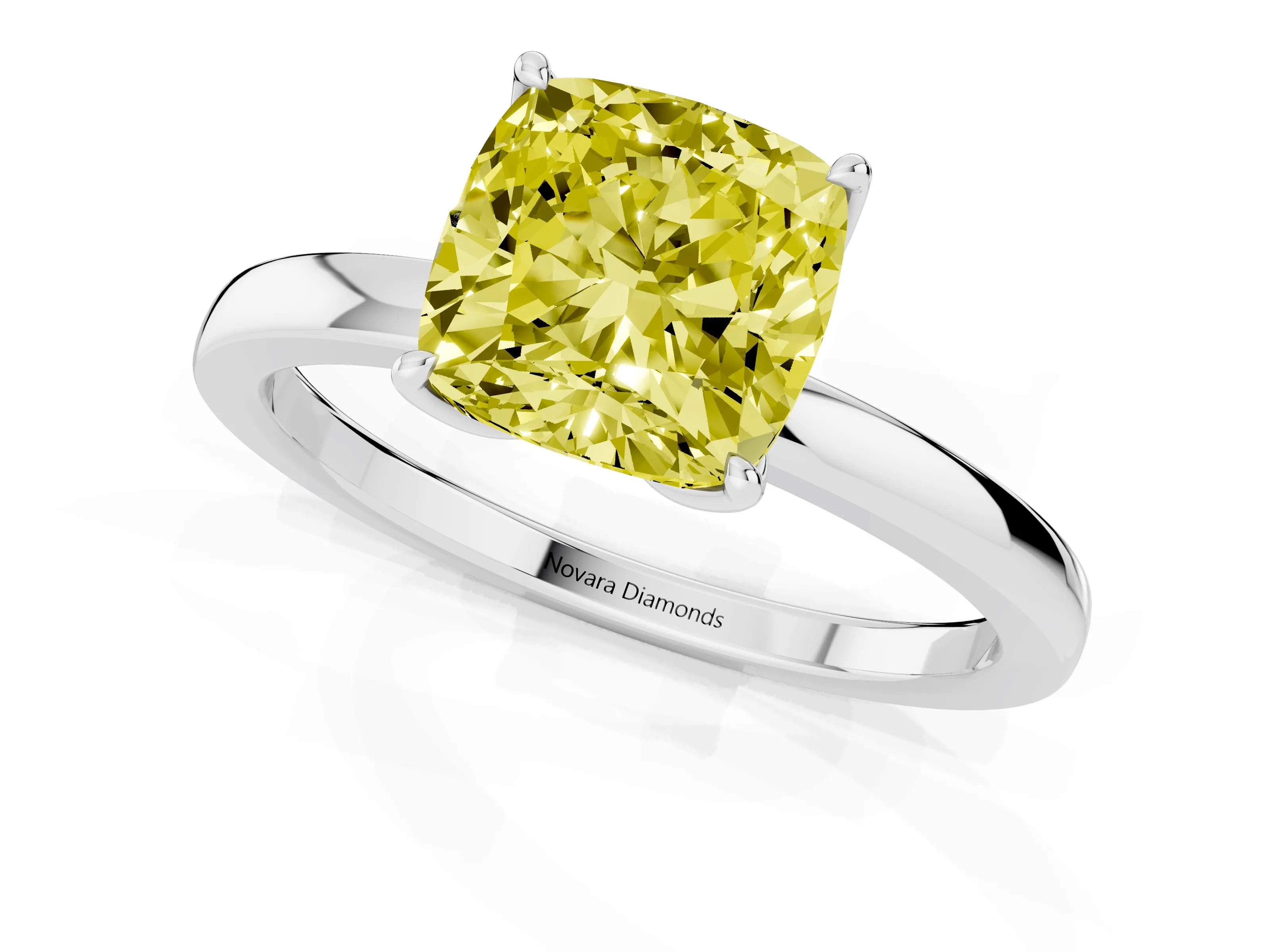 Fancy Yellow Cushion Cut Diamond Solitaire Ring Set in White gold with Prong Setting and Thin Polished Band