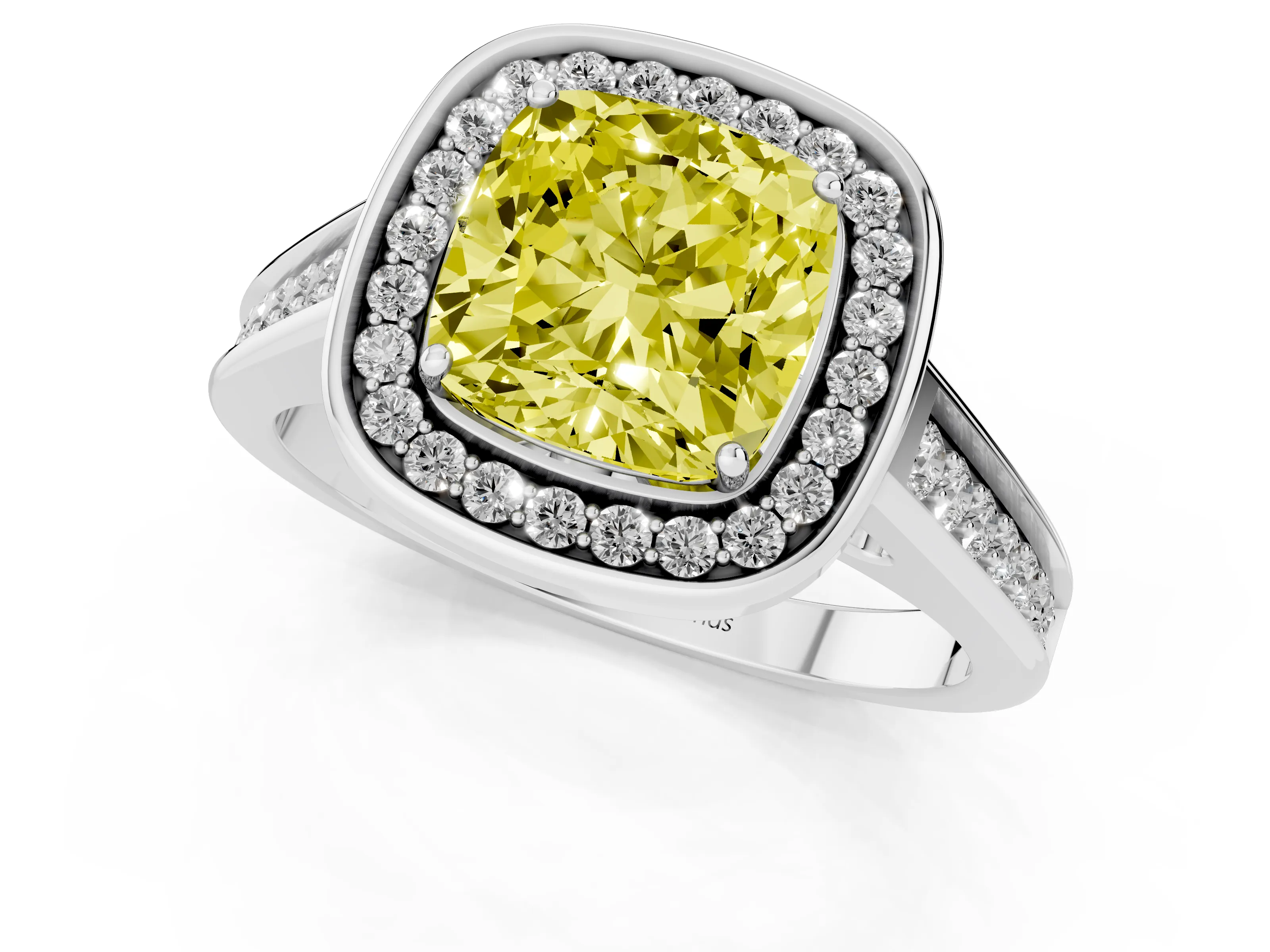 Fancy Yellow Cushion Cut Diamond Halo Solitaire Ring Set in Silver with Pavé Band and Bezel Setting