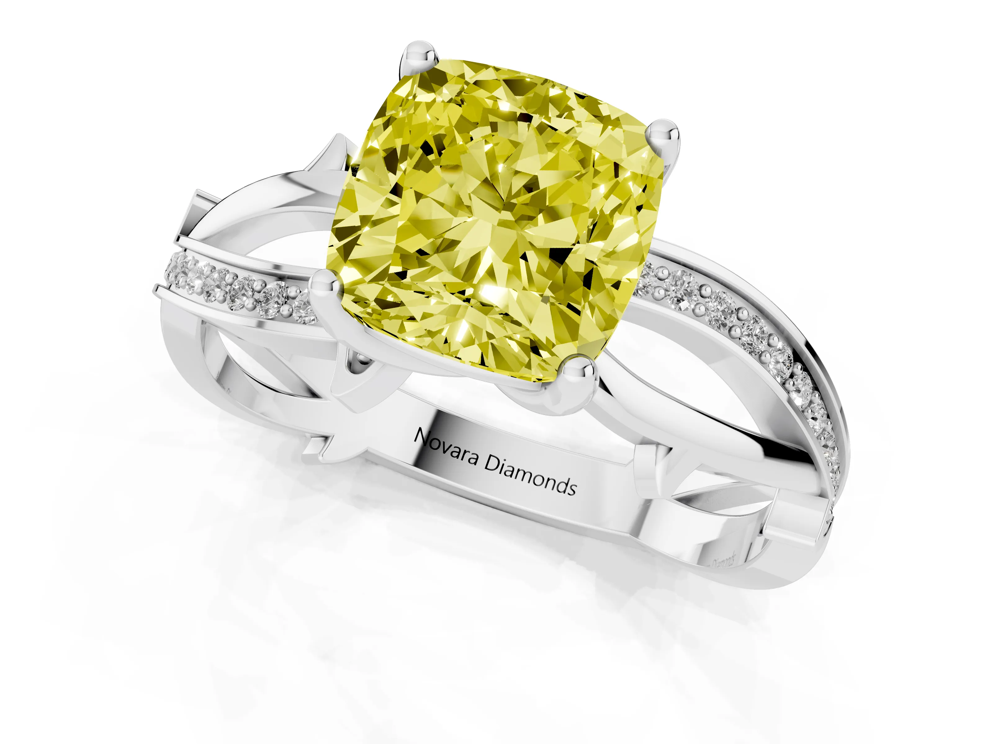Fancy Yellow Cushion Cut Diamond Pavé Twist Band Solitaire Ring Set in Silver with Prong Setting