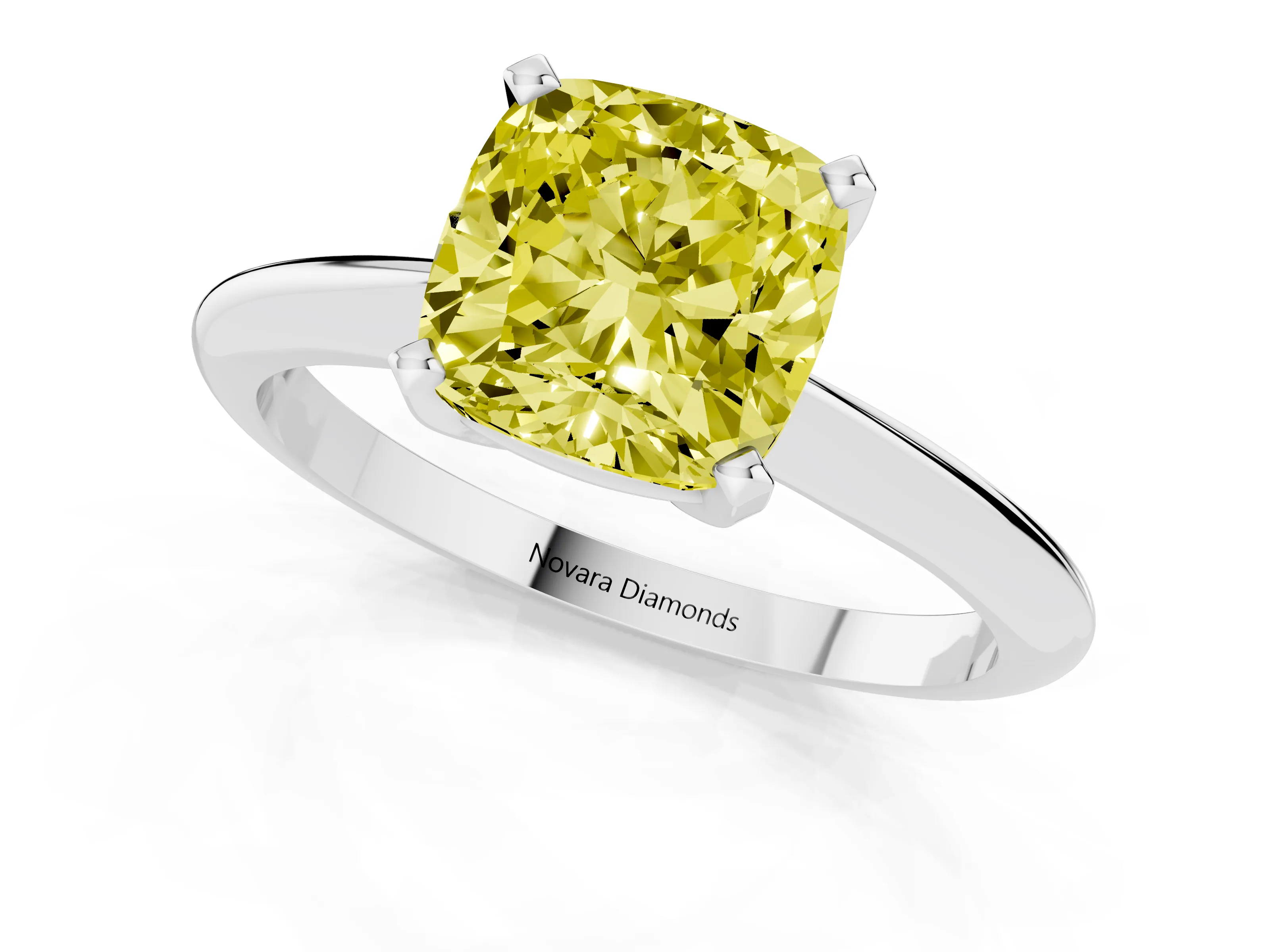 Fancy Yellow Cushion Cut Diamond Solitaire Ring Set in Silver with Prong Setting on a Plain Round Band