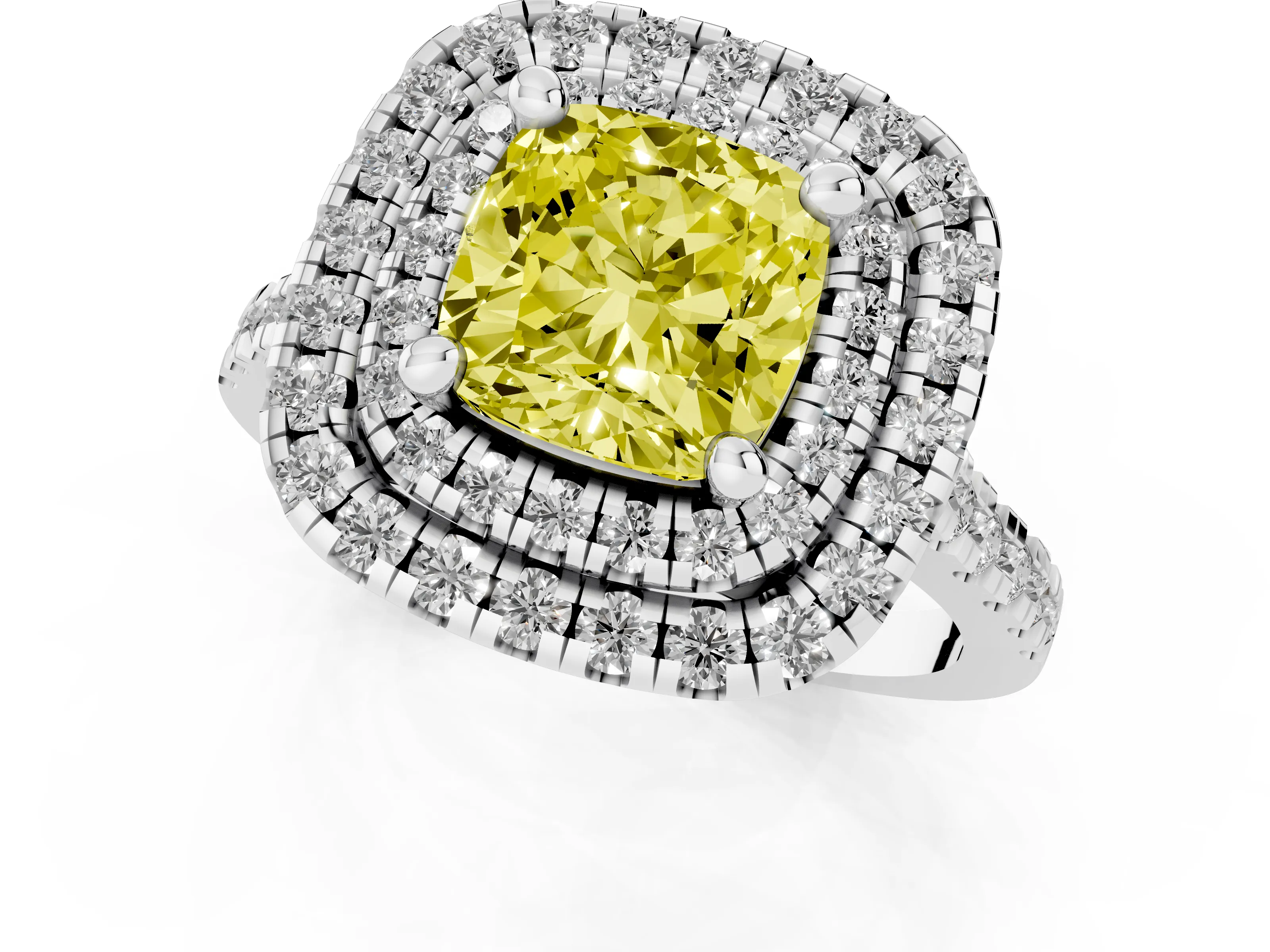 Fancy Yellow Cushion Cut Diamond Double Halo Statement Ring Set in Platinum with Pavé Band