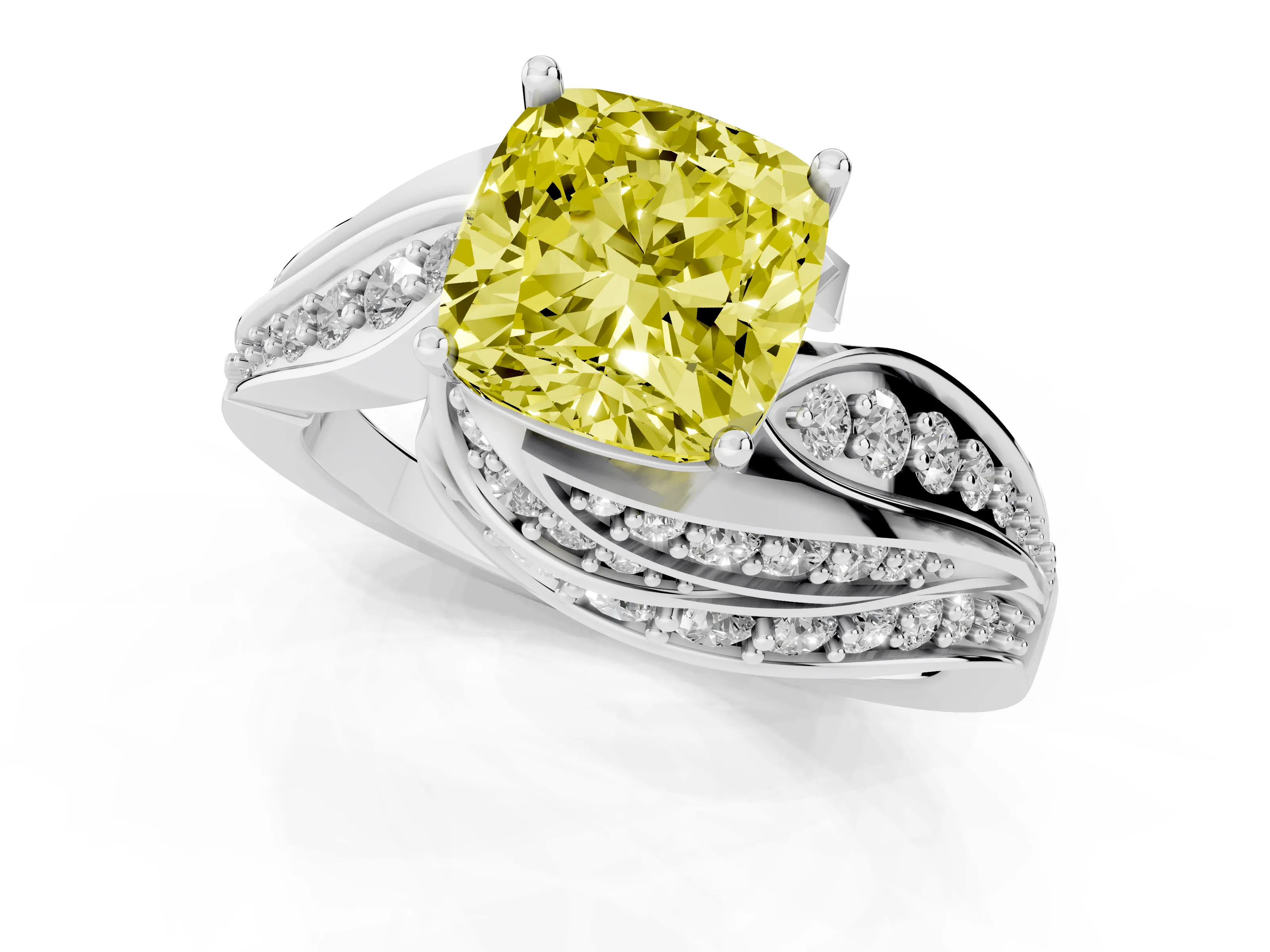 Fancy Yellow Cushion Cut Diamond Solitaire Ring Set in Silver with Layered Twist Pavé Band